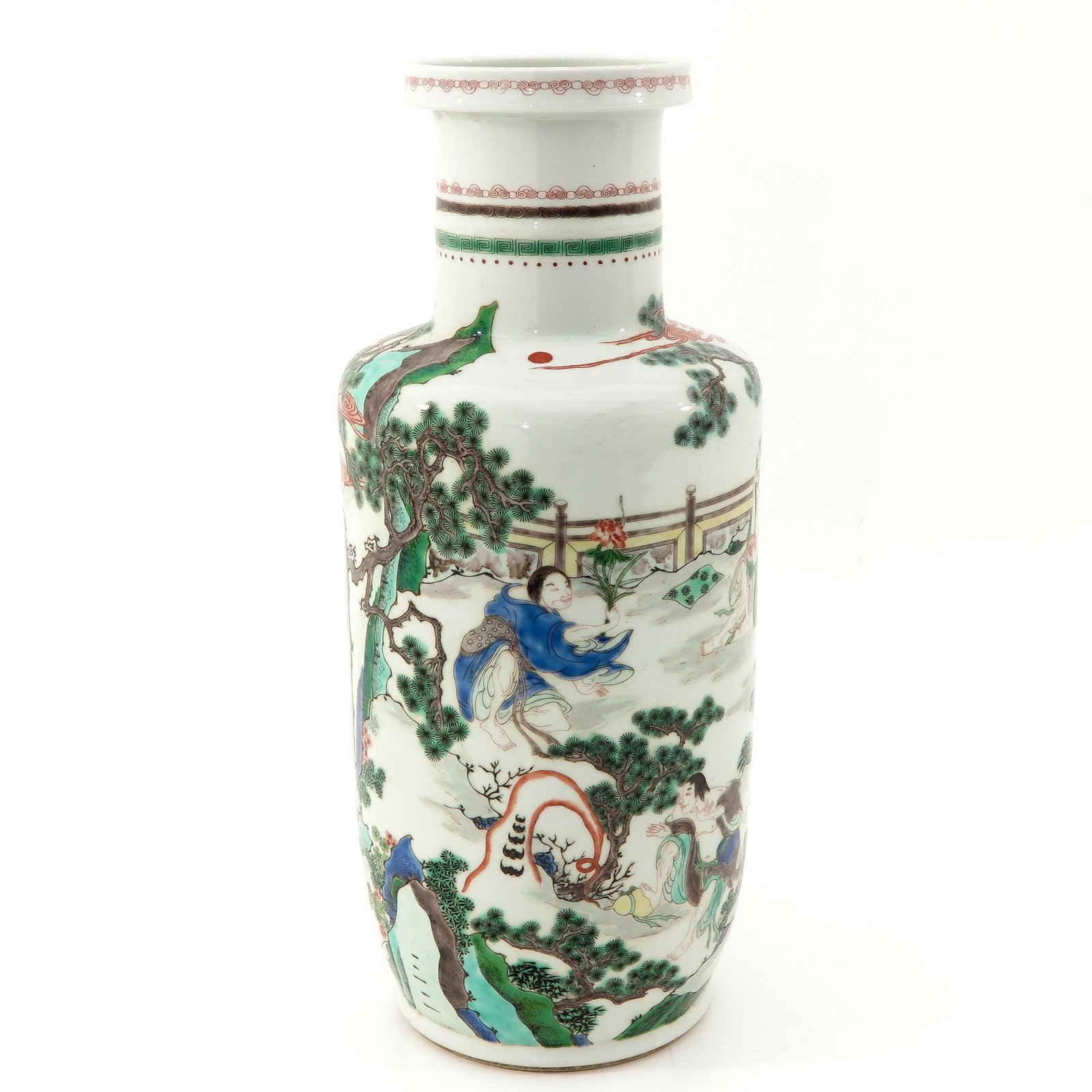 A Famille Verte Vase: Depicting landscape with Chinese figures in garden, 47 cm. tall.