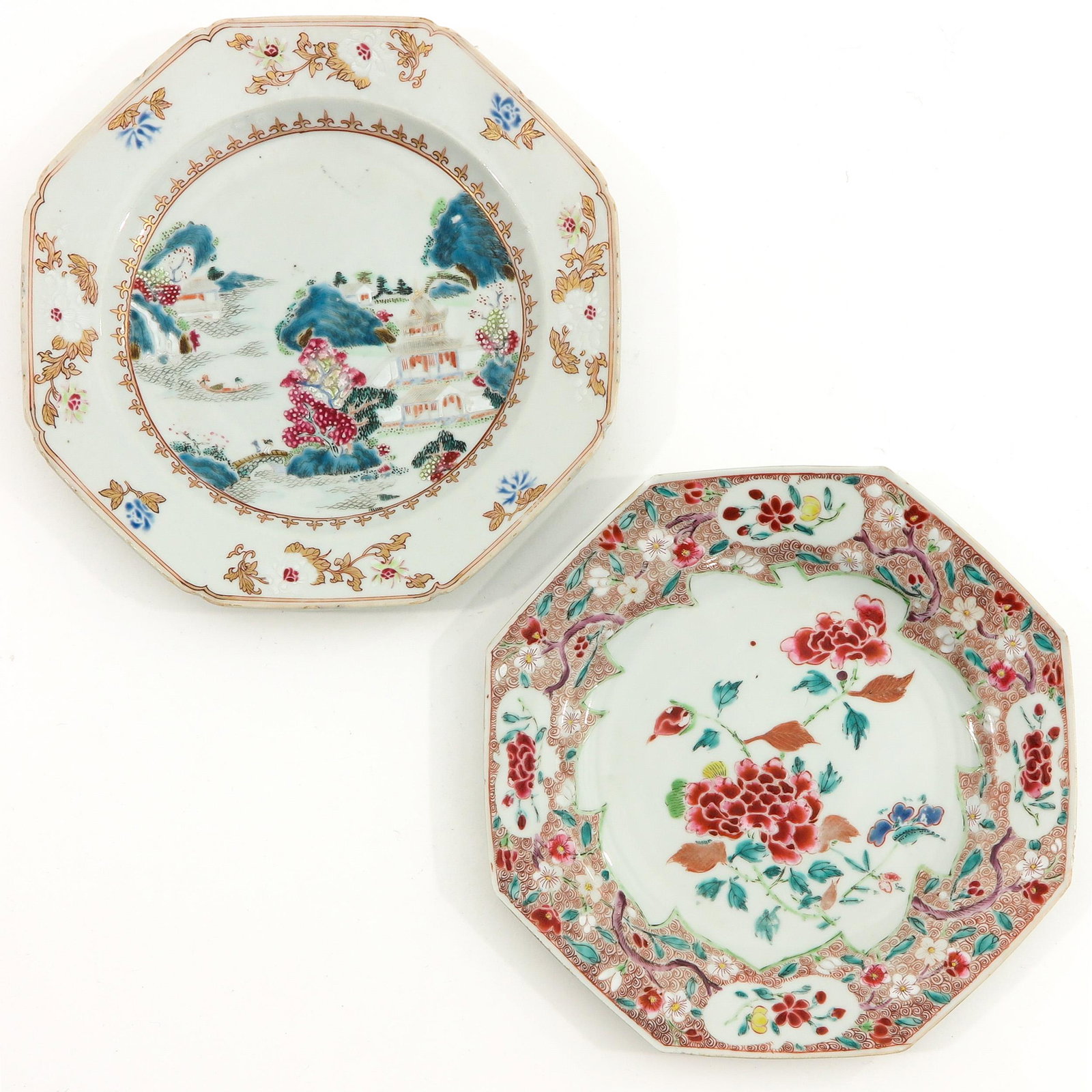 A Lot of 2 Famille Rose Plates: Landscape and foral decors, 23 cm. in diameter, fritting.