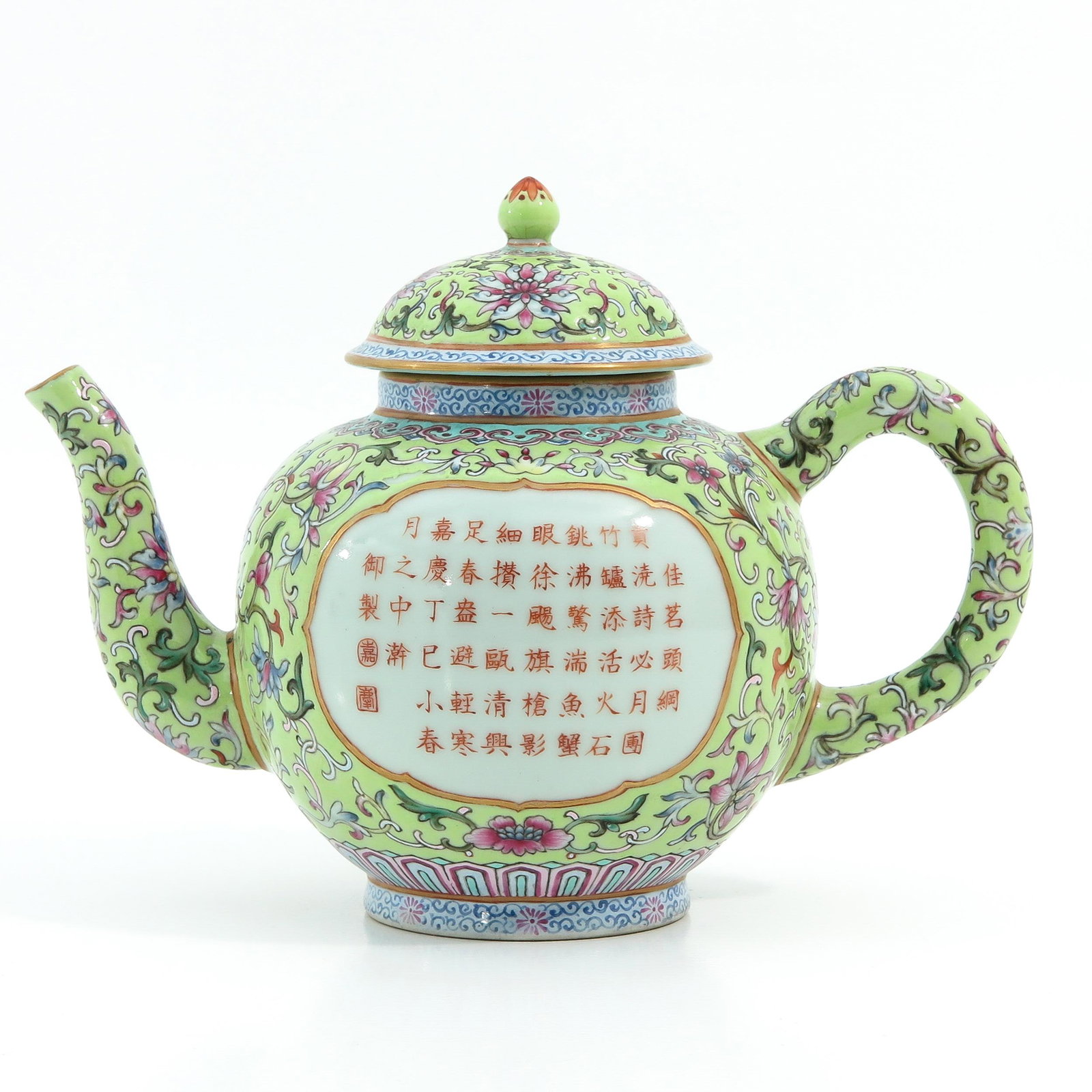 A Famille Rose Teapot: Light green ground with floral decor, Jiaqing mark, 16 cm. tall.