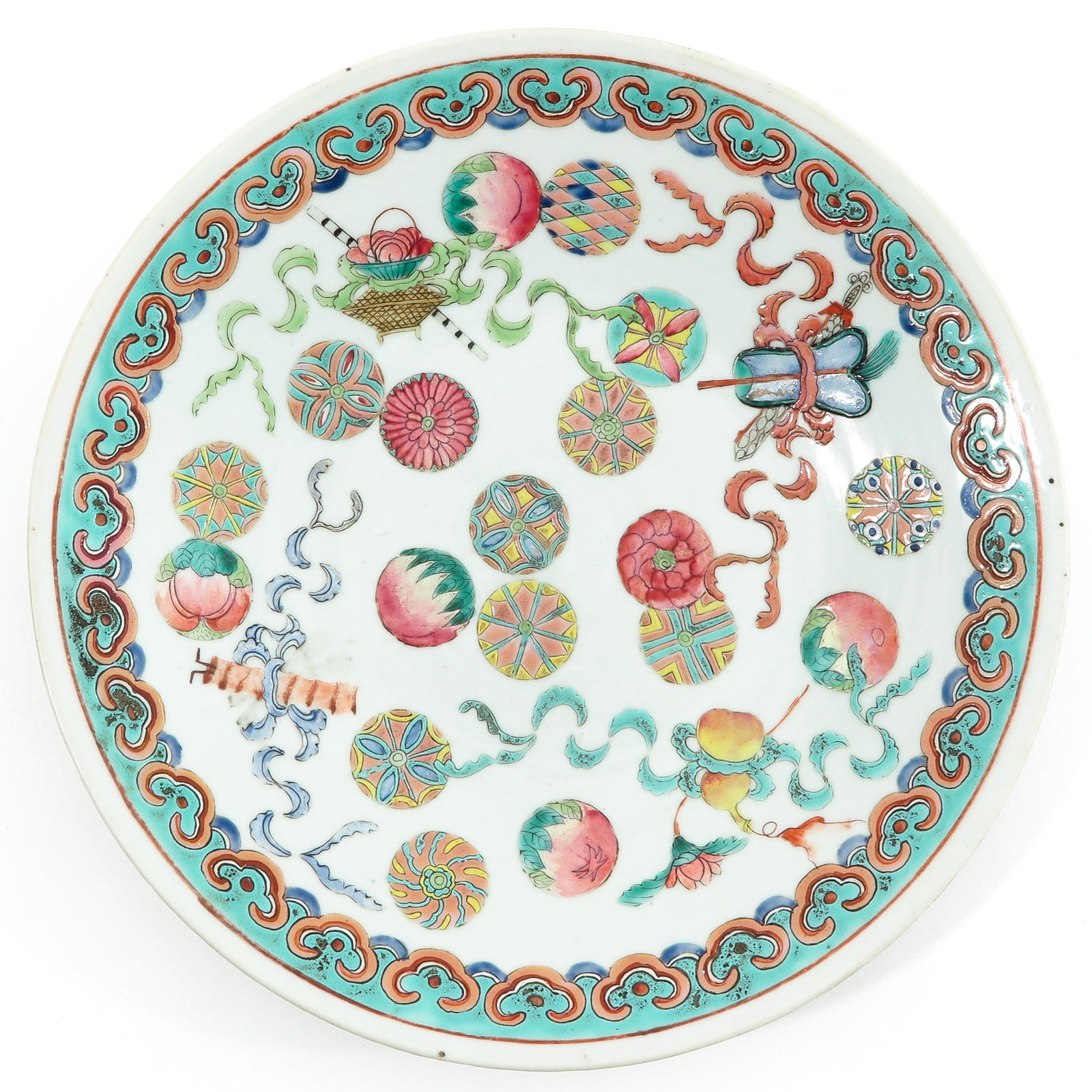 A Famille Rose Dish: Buddhistic decor, 29 cm. in diameter.
