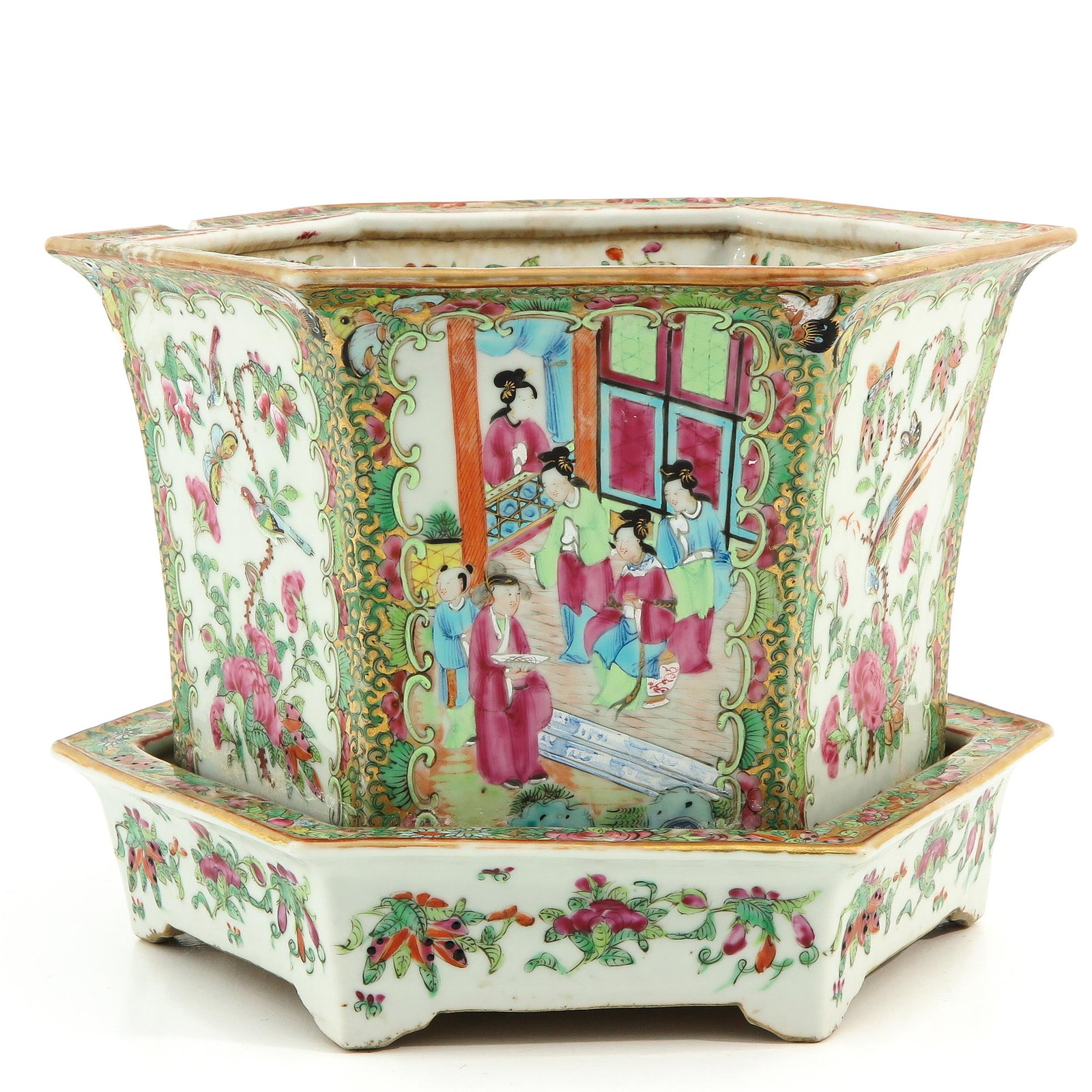 A Cantonese Cache Pot and Under Plate: Decorated with Chinese figures, 20 cm. tall, restored.