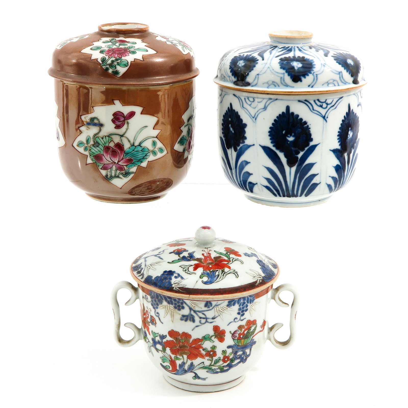 A Collection of 3 Covered Jars: In diverse decors, tallest jar is 13 cm., chip and hairline.