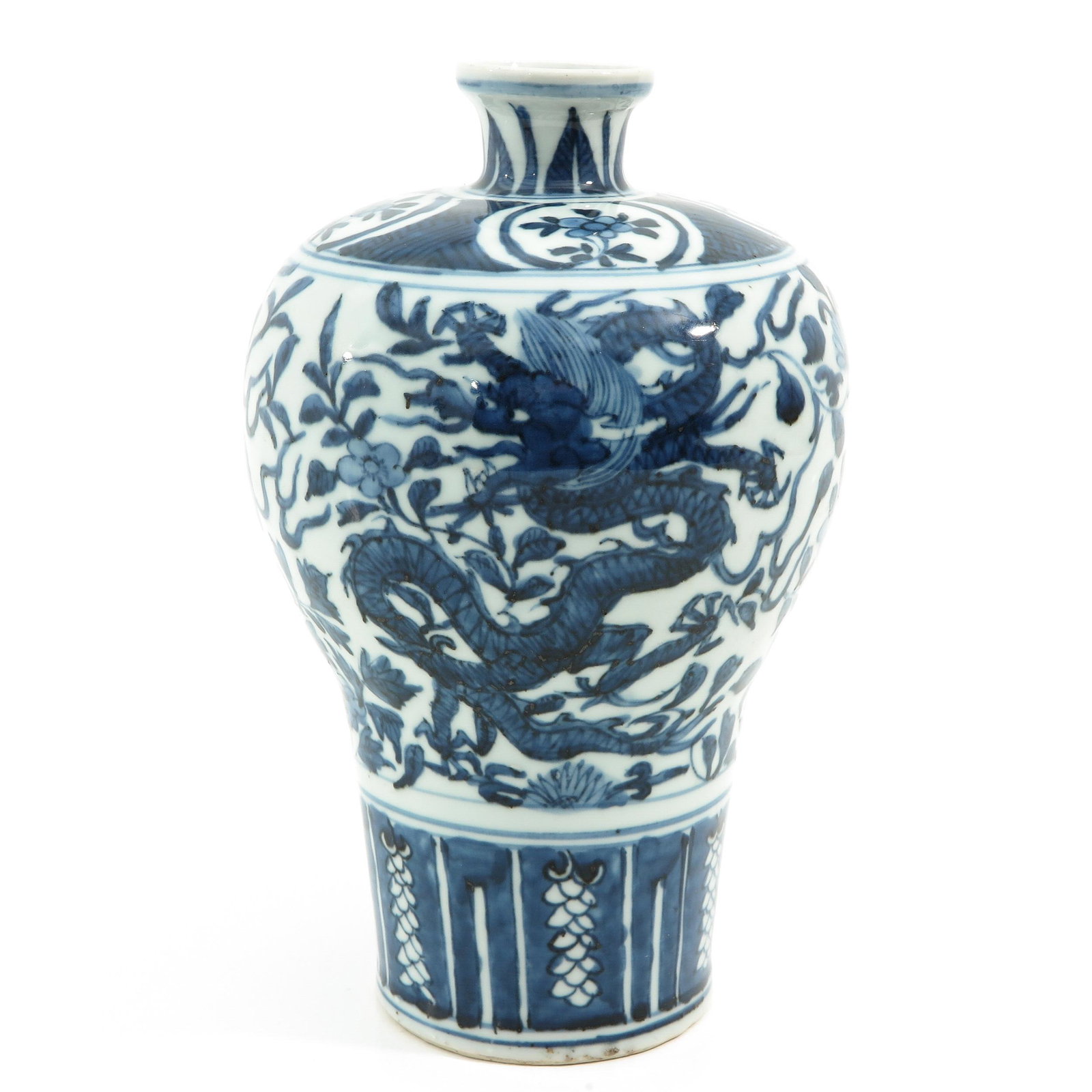 A Blue and White Meiping Vase: Dragon and flower decor, Jiaqing mark, 24 cm. tall.