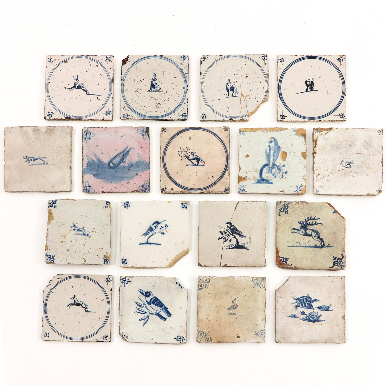 A Lot of 17 Dutch Tiles: Blue and white decor, including 18th Century.