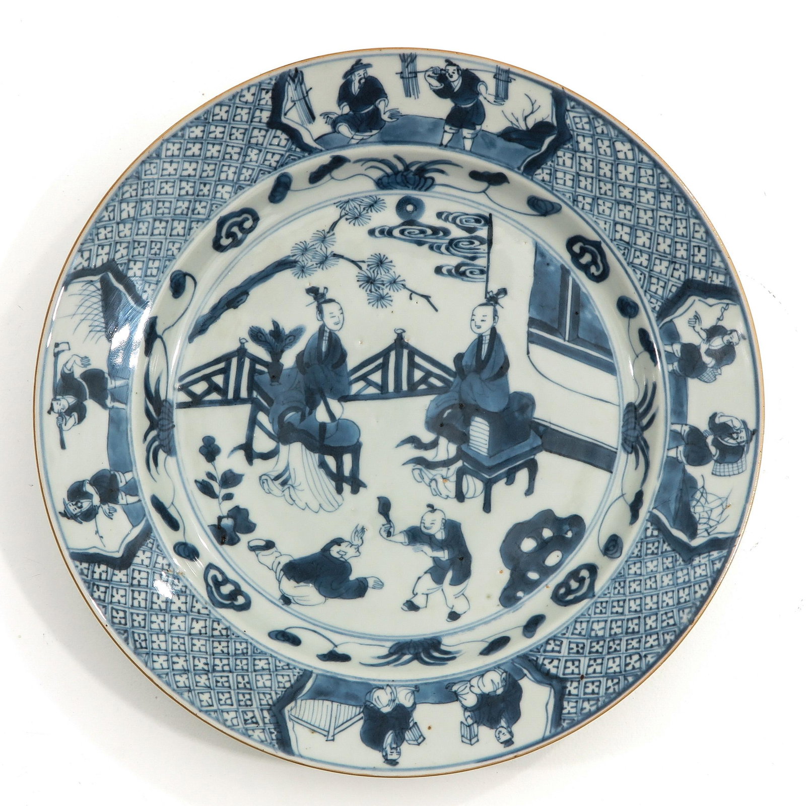 A Blue and White Plate: Depicting Chinese figures in garden, 28 cm. in diameter.