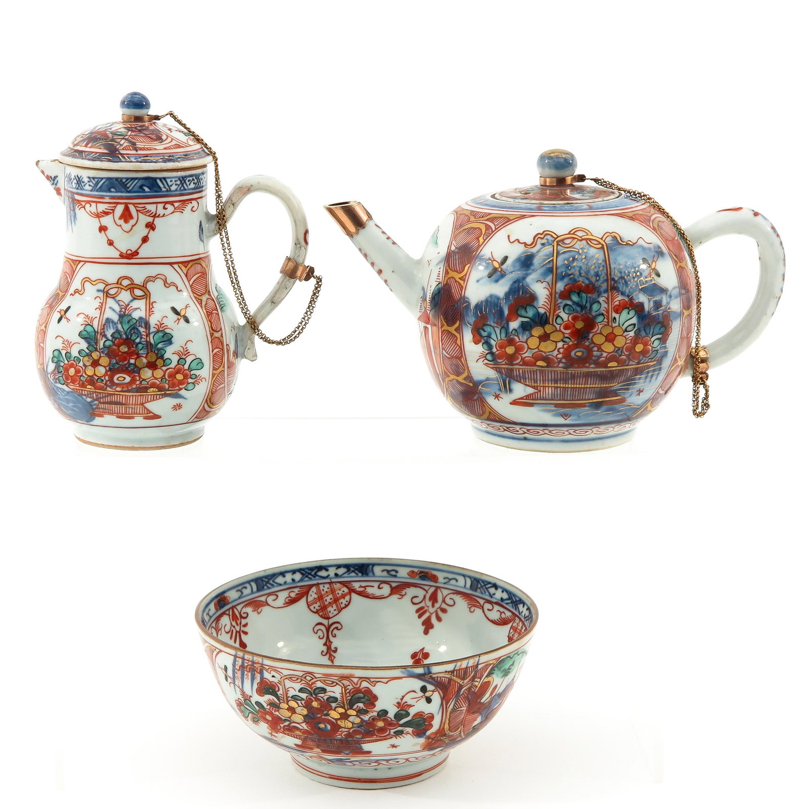 A Collection of Porcelain: Including teapot, creamer and bowl, creamer is 15 cm. tall, 18th Century, in diverse conditions.