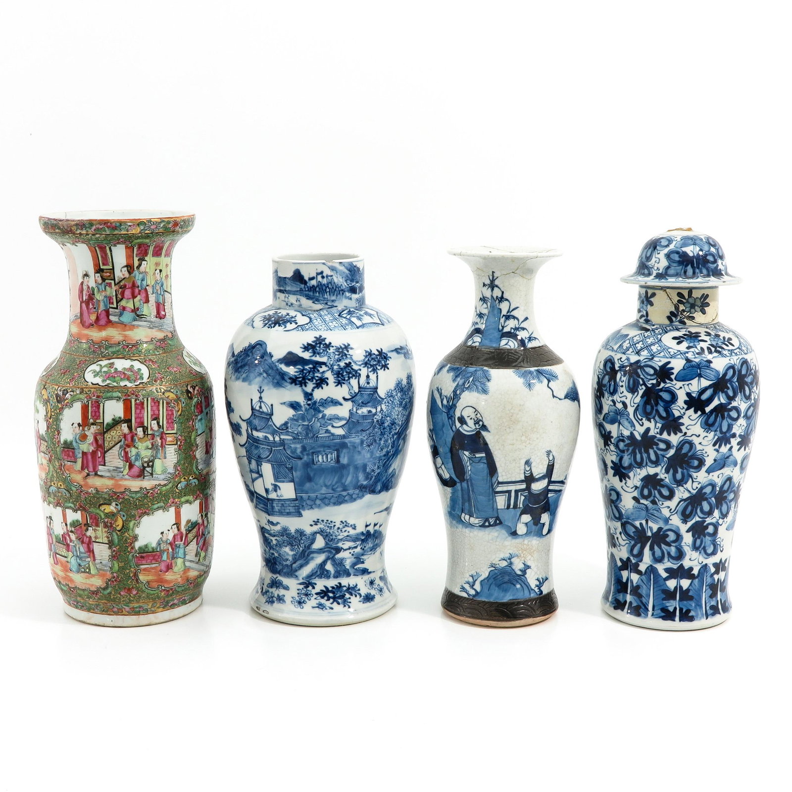 A Lot of 4 Vases: In a variety of decors and sizes, Cantonese vase is 39 cm. tall, in diverse conditions.