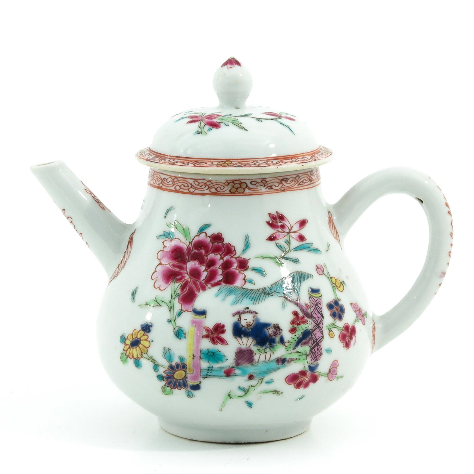 A Famille Rose Teapot: Floral decor, 18th Century, 13 cm. tall, hairline.