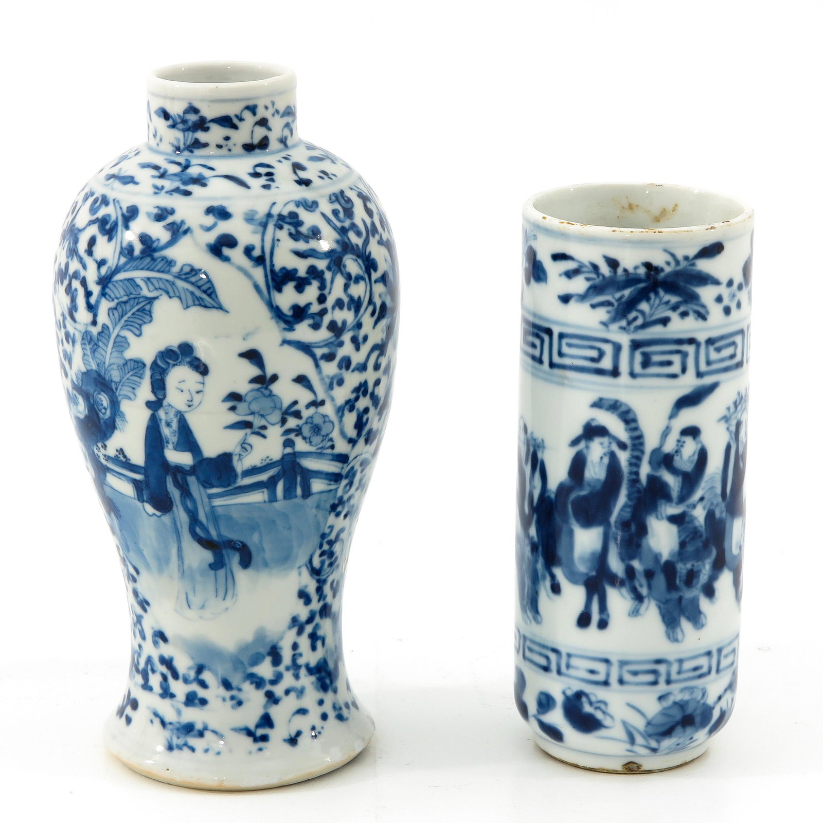 A Lot of 2 Blue and White Vases: Decorated with Chinese figures, tallest vase is 19 cm. tall.