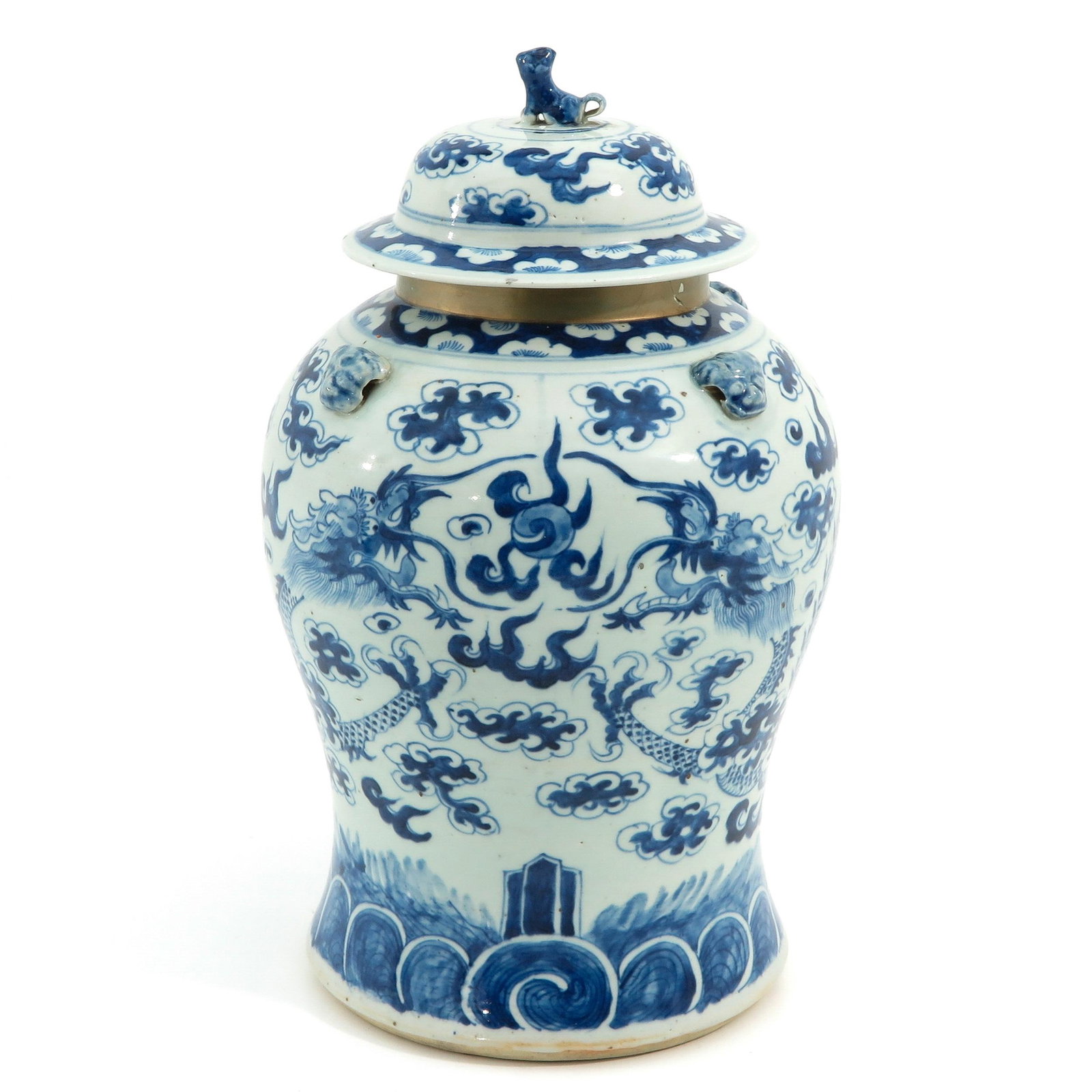 A Blue and White Jar with Cover: Decorated with dragons and clouds, 42 cm. tall, restored.