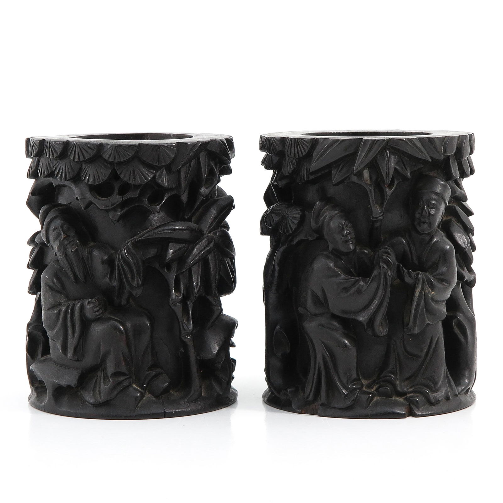 A Lot of 2 Carved Wood Brush Pots (1 of 9)