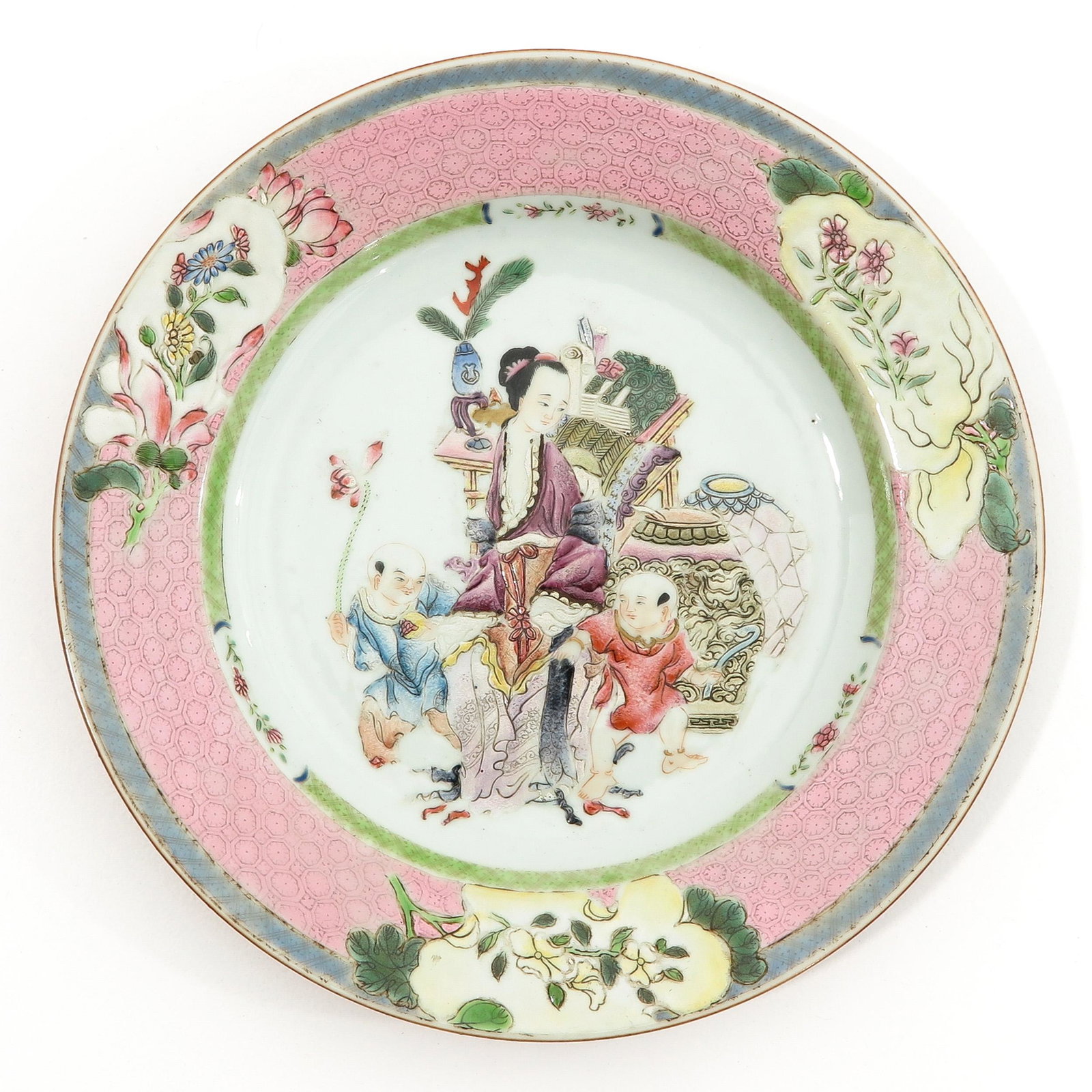 A Famille Rose Plate: Decorated with Chinese figures, floral border, 23 cm. in diameter.
