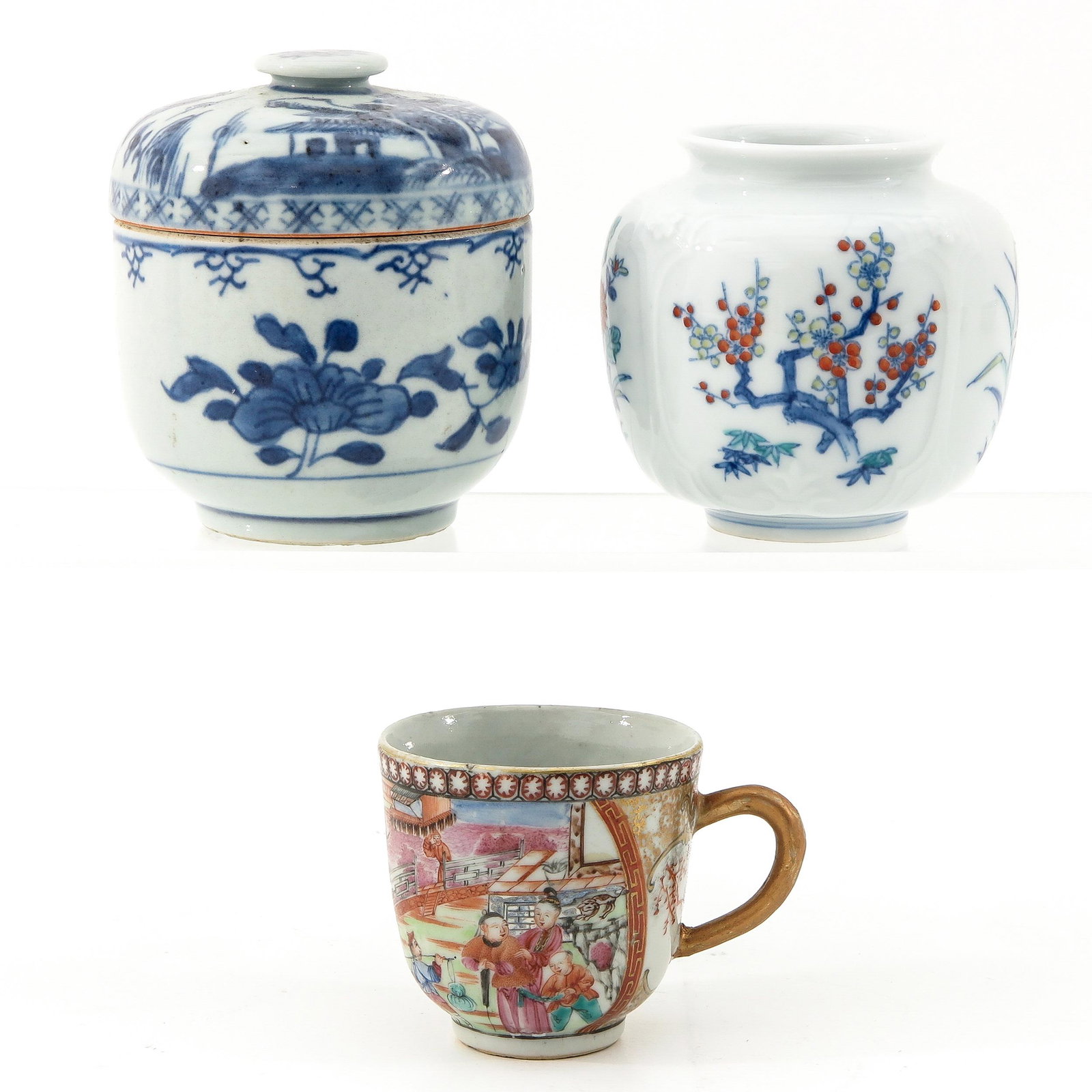 A Collection of Porcelain: Including jar with cover, vase, and cup with handle, jar with cover is 10 cm. tall.
