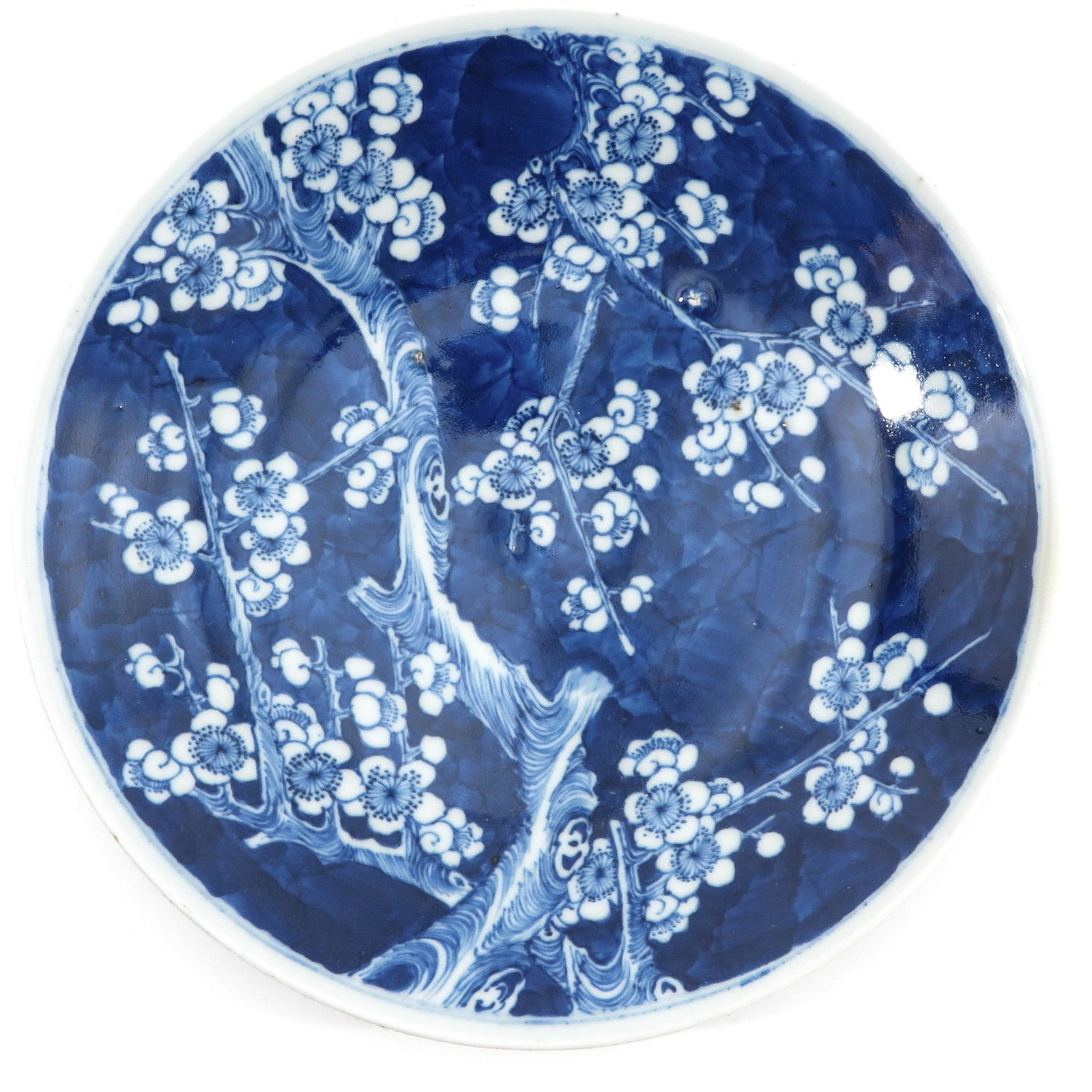 A Blue and White Plate: Dark blue ground with white floral blossom decor, 26 cm. in diameter.