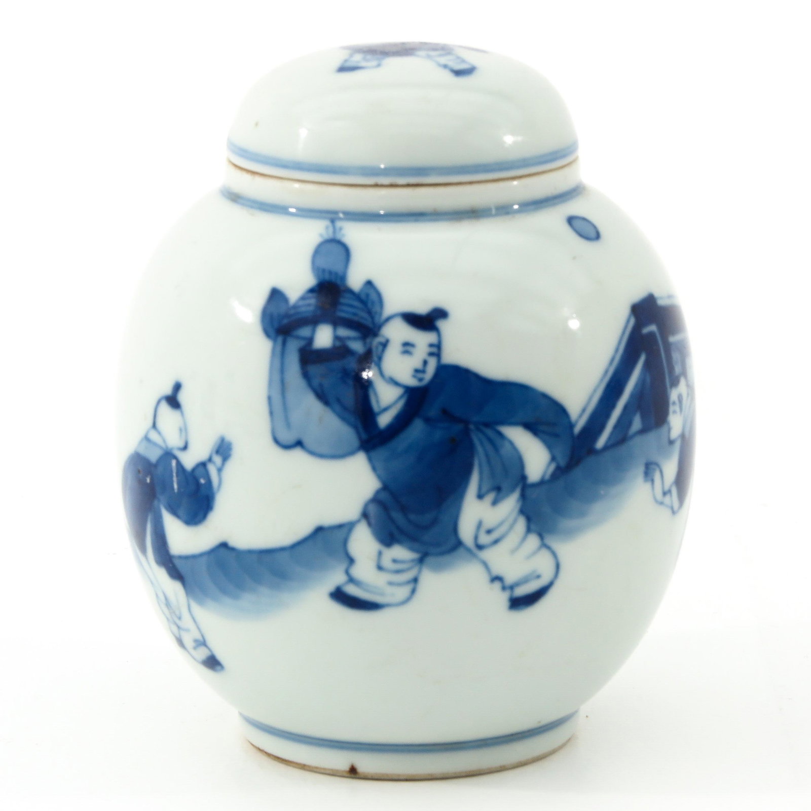 A Blue and White Jar with Cover: Depicting Chinese figures in garden, Kangxi mark, 11 cm. tall.