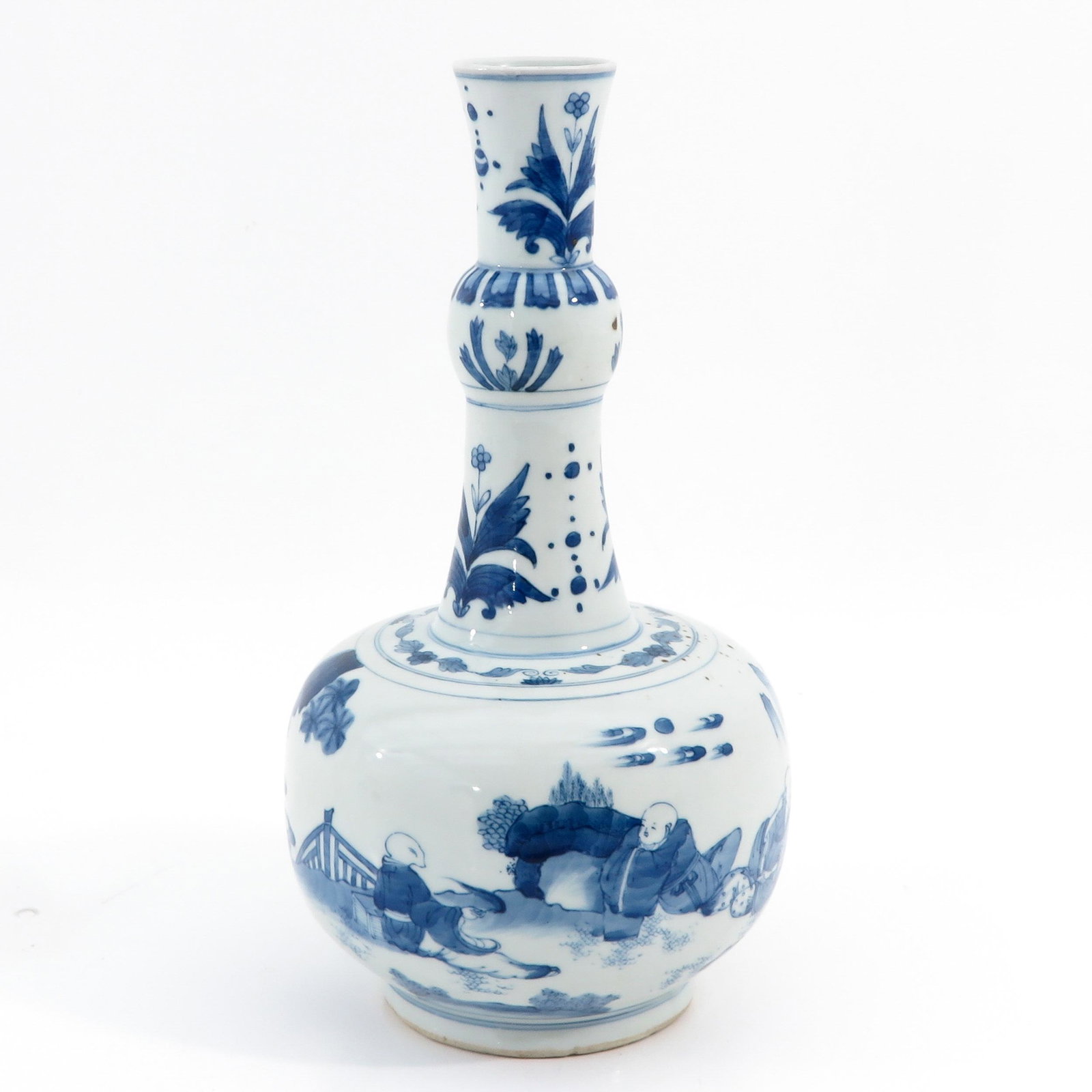 A Blue and White Garlic Mouth Vase: Depicting Chinese figures in garden, 39 cm. tall.
