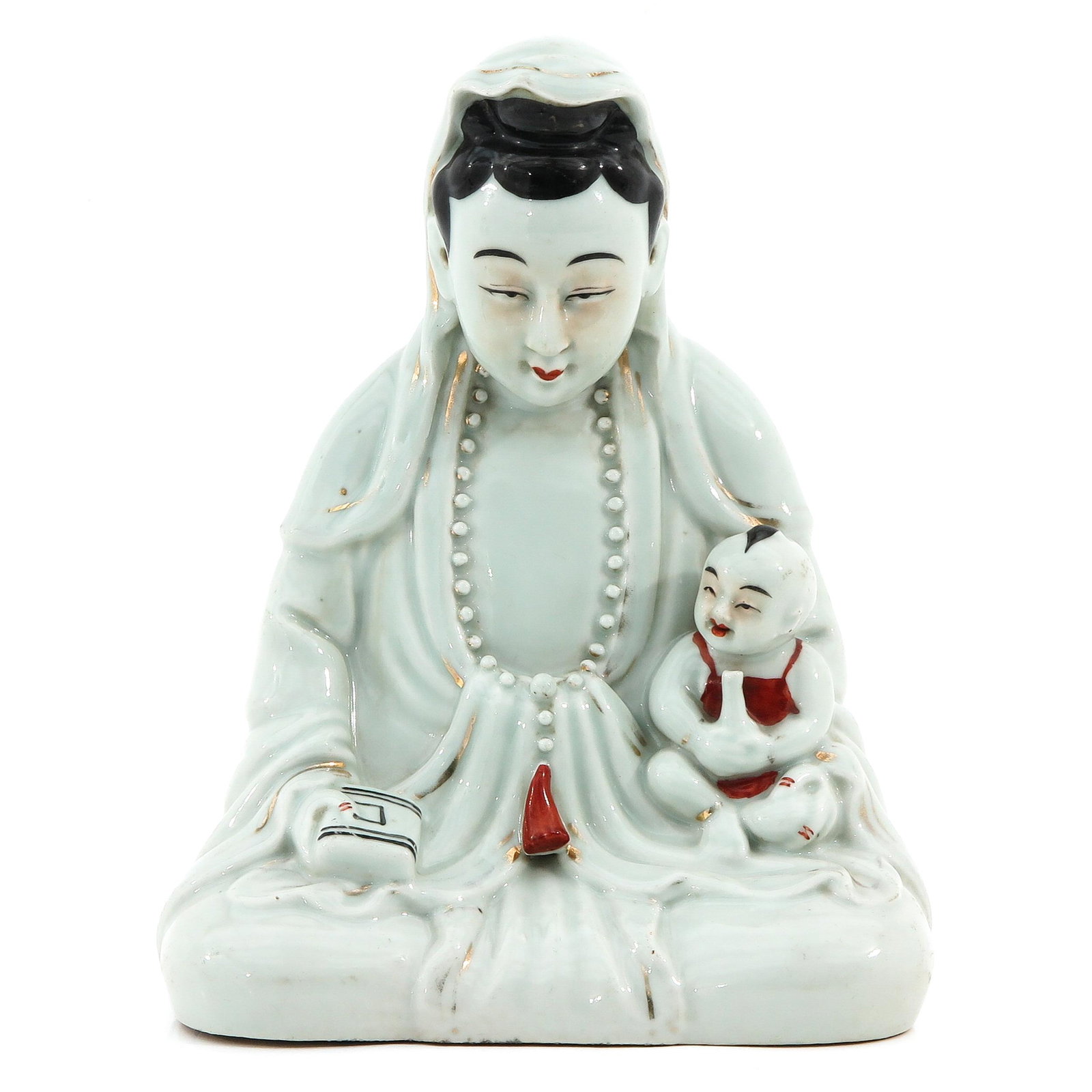 A Quanyin Sculpture: Depicting Quanyin holding book with child,Republic Period, 26 cm. in diameter.