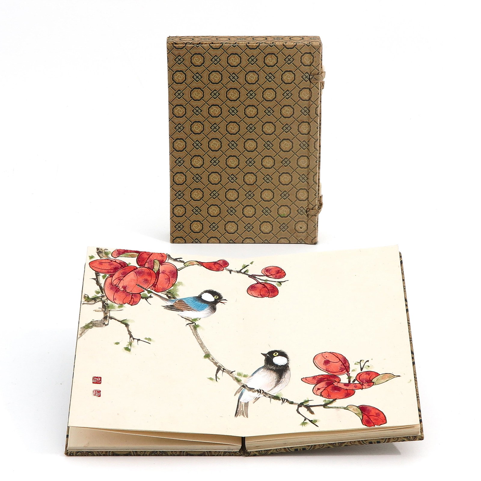 A Chinese Book with Works of Art: Including watercolors, book measures 12 x 17 cm.