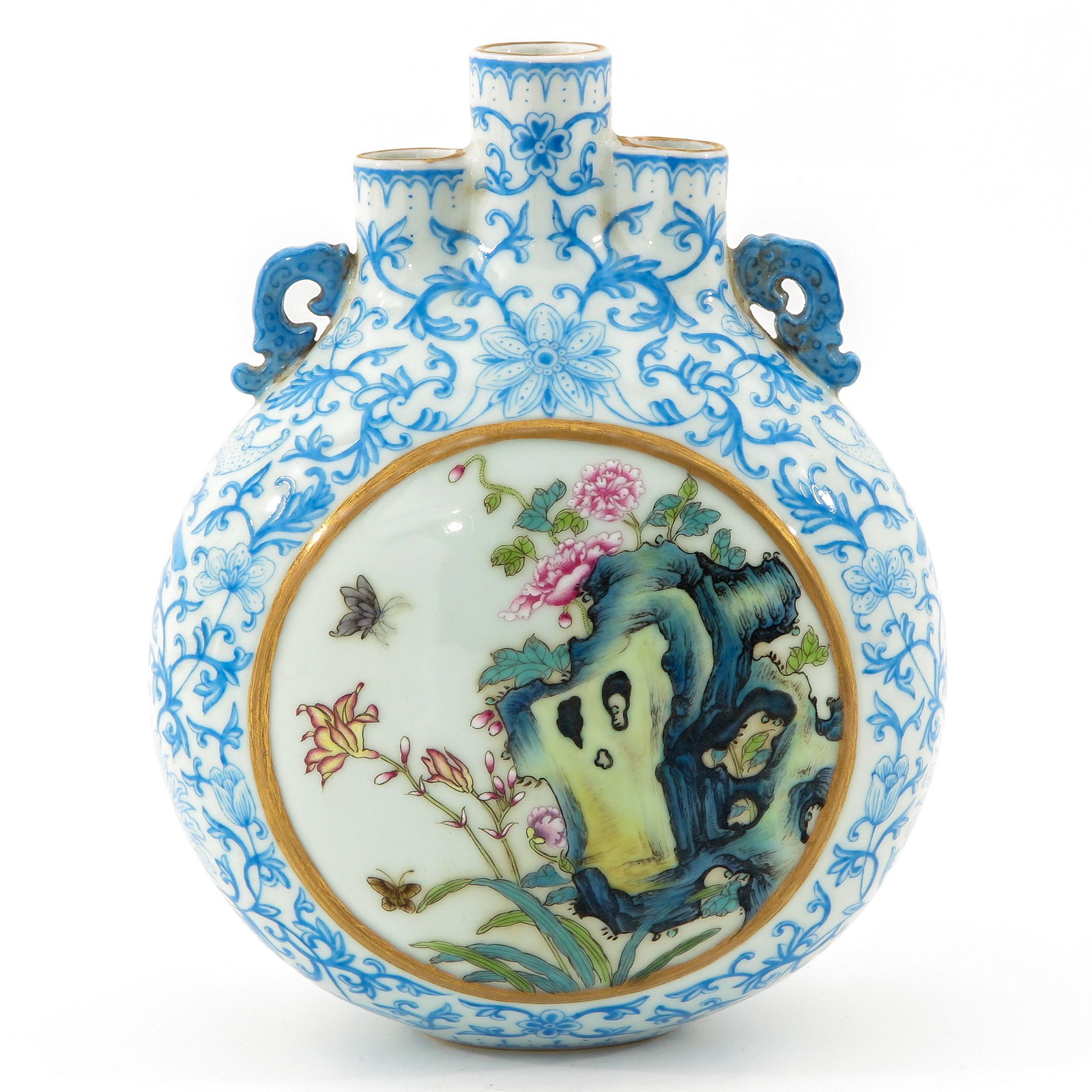 A Moon Bottle Vase: Blue floral ground, center decorated with butterflies and flowers, Qianlong mark, 21 cm. tall.