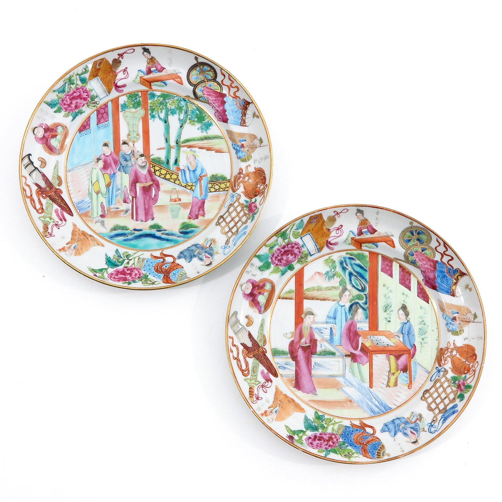 A Lot of 2 Cantonese Plates: Decorated with gathering of Chinese ladies and antiquities on border, 20 cm. in diameter.