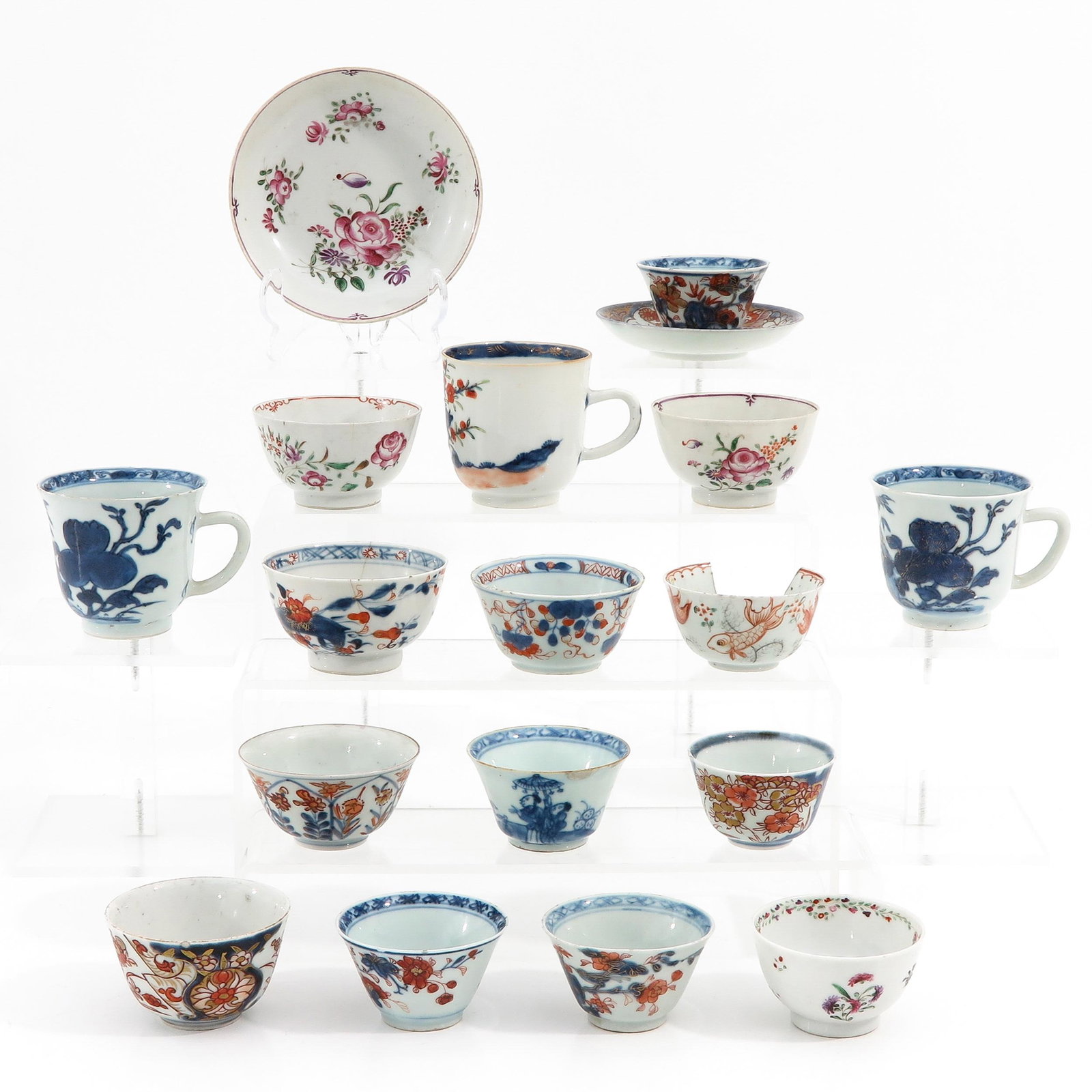 A Collection of Porcelain: Including 16 cups and 2 saucers, largest saucer is 12 cm. in diameter, in diverse conditions.