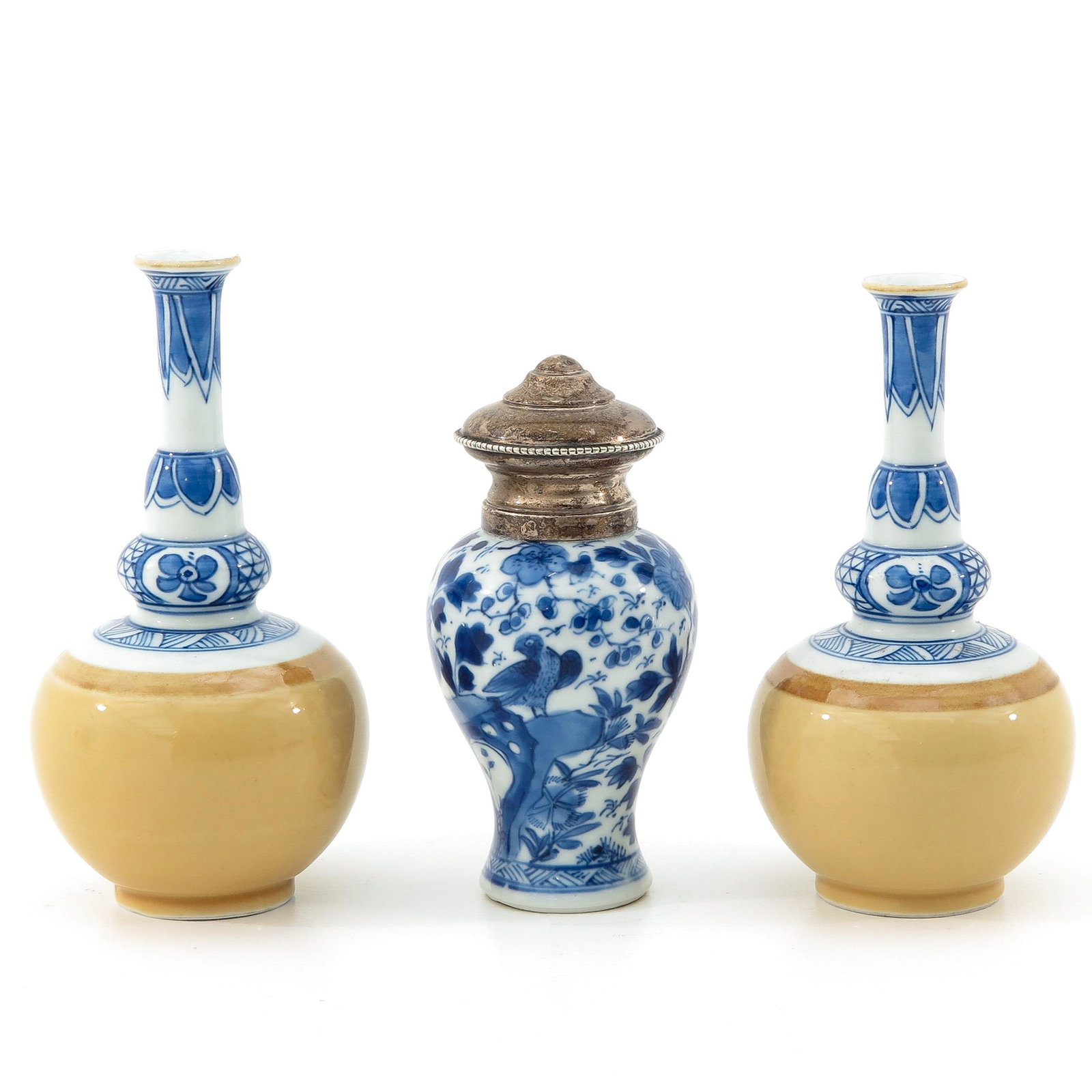 A Collection of Porcelain: Including 2 small gourd vases + vase with silver top, tallest vase is 15 cm.