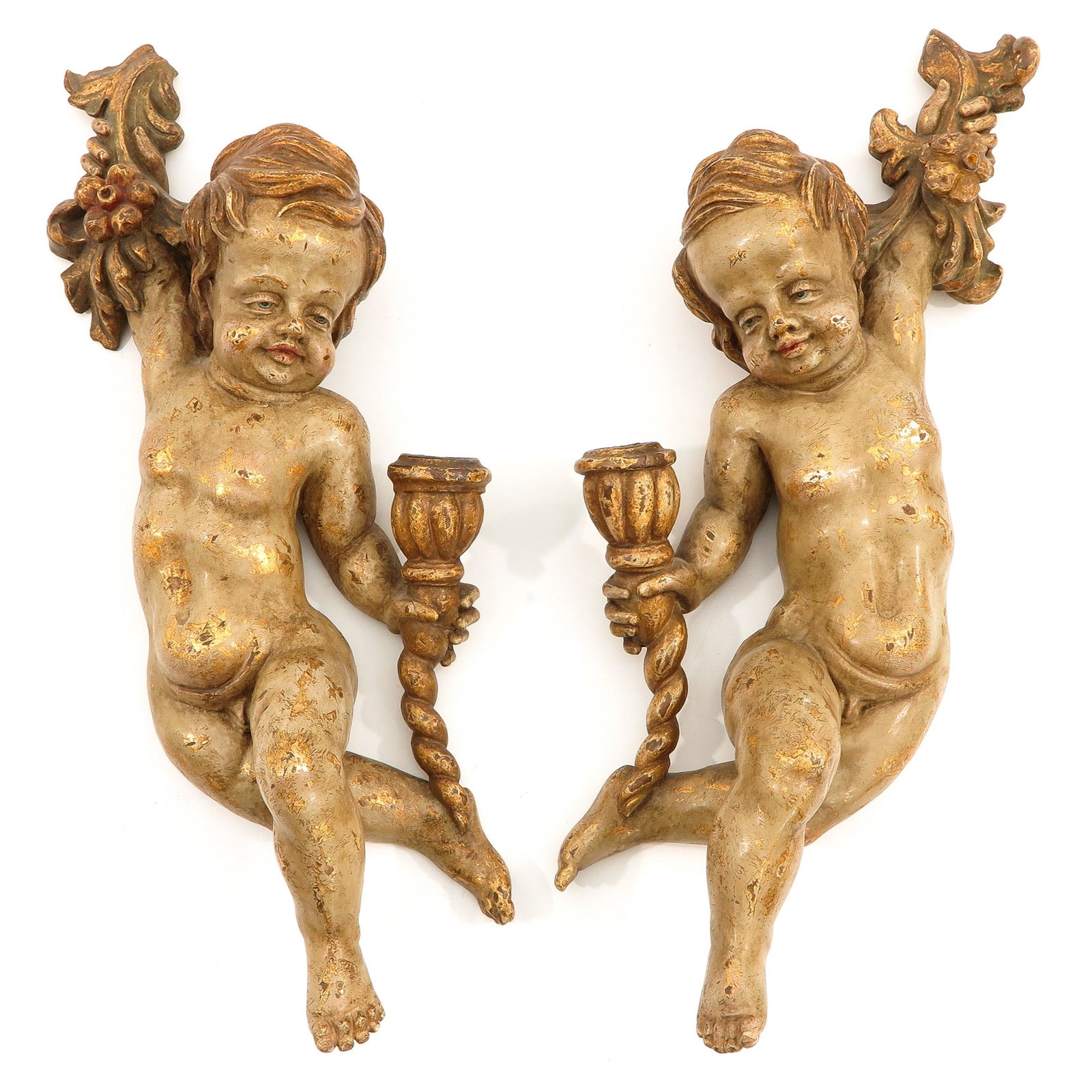 A Pair of 19th Century Wood Angels: Polychrome, 57 cm. tall.