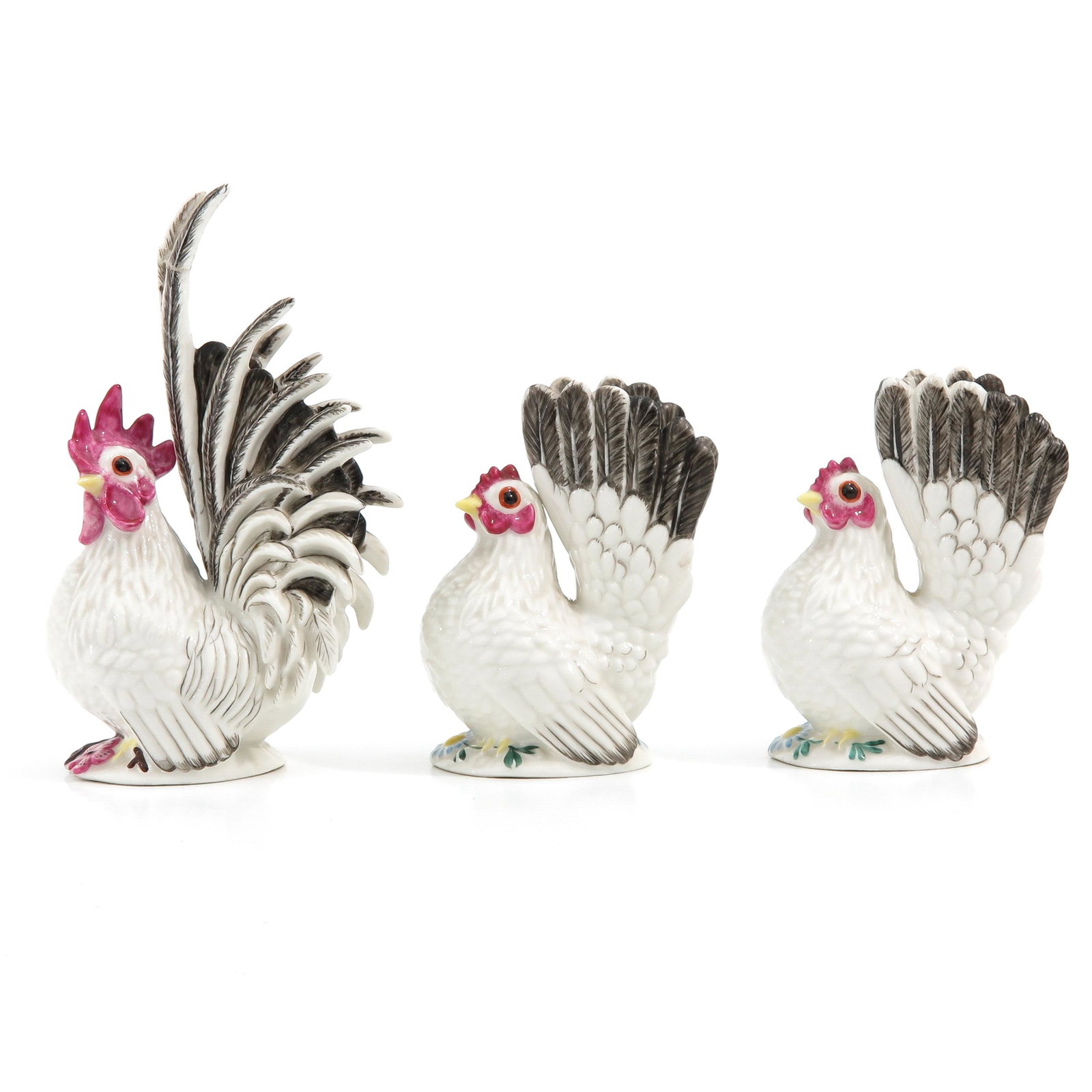A Collection of 3 Nymphenburg Sculptures: Depicting rooster and chickens, tallest is 15 cm., including restoration.