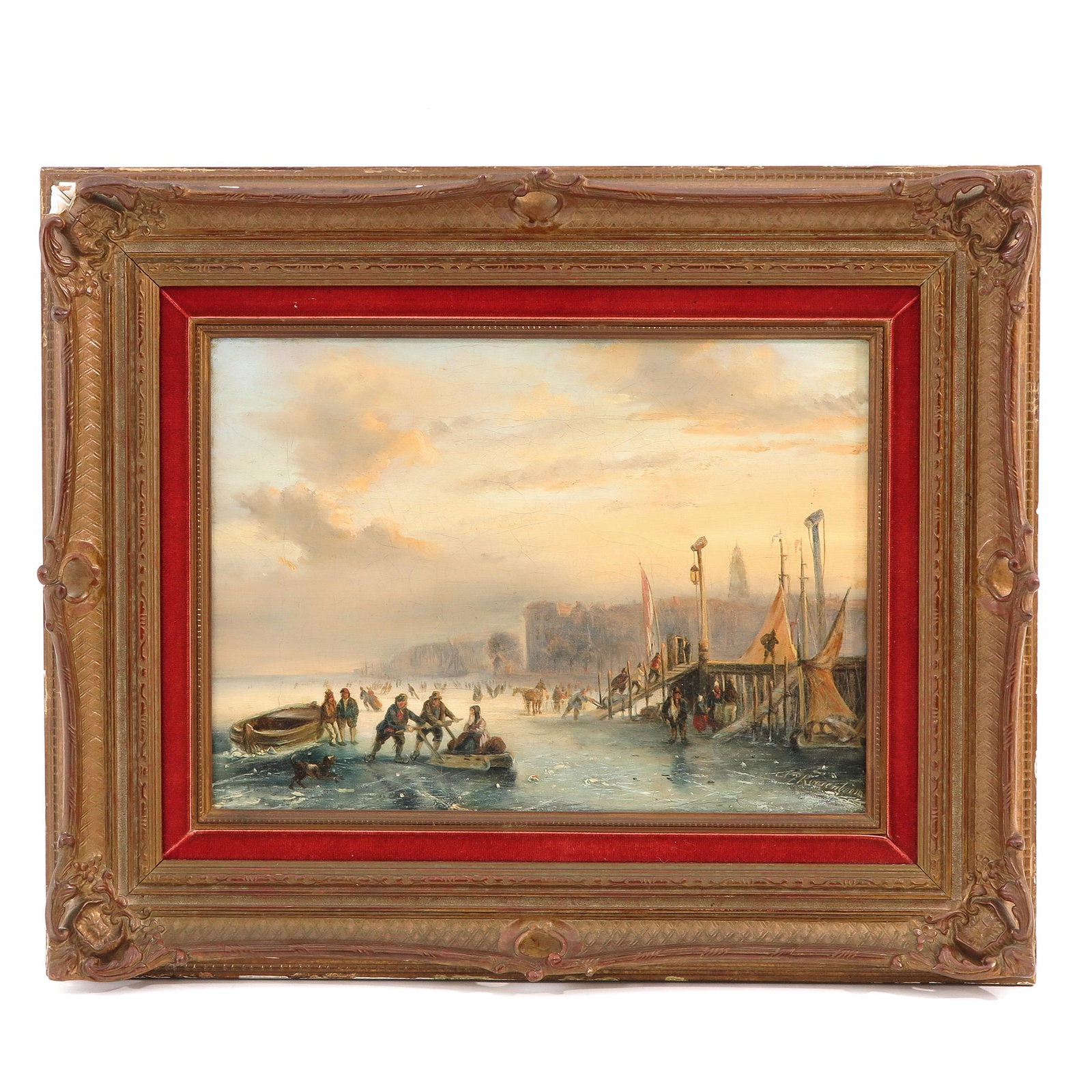 An Oil on Canvas Signed N.J. Roosenboom: ( 1805 - 1880 ), depicting ice skating scene, 34 x 25 cm.
