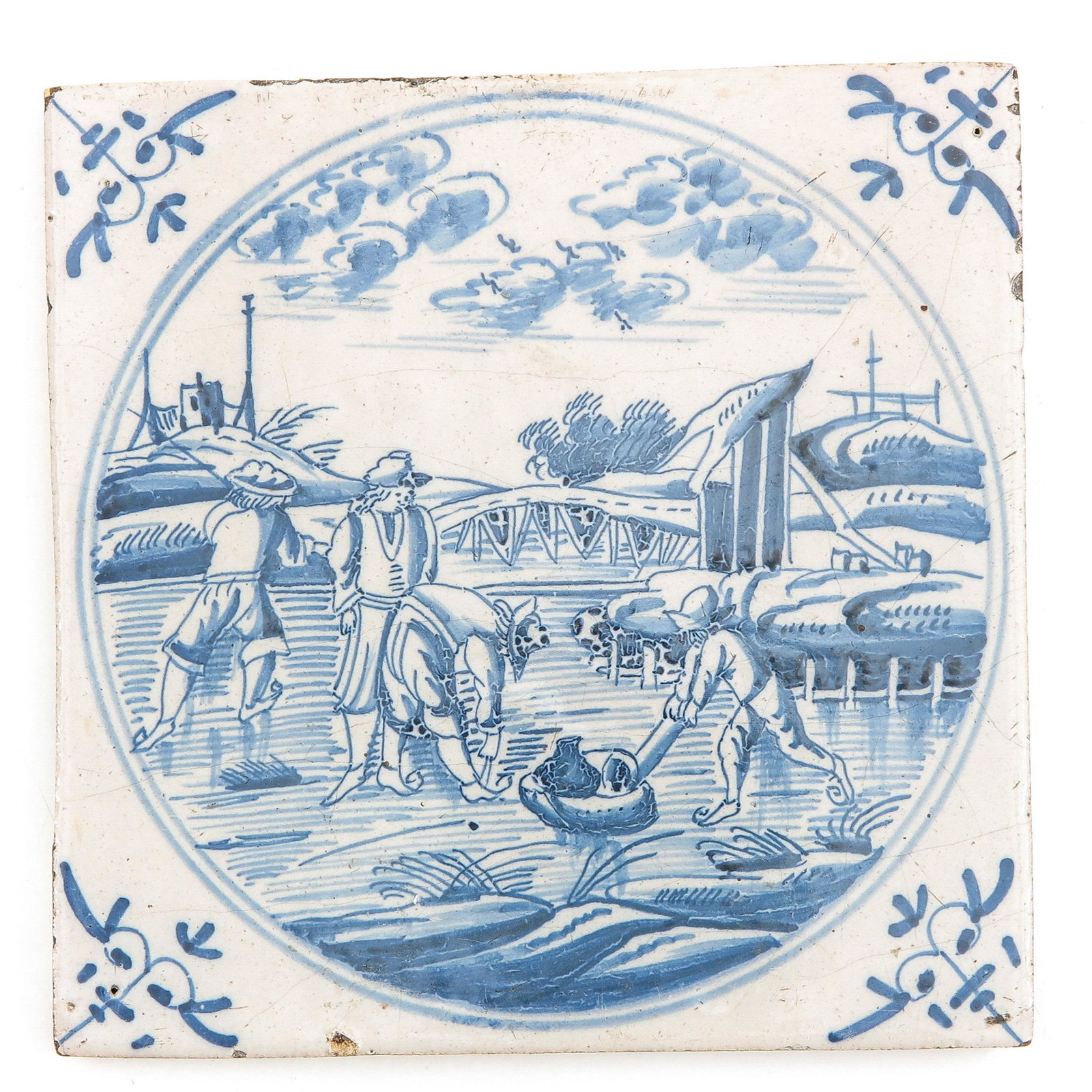 A 18th Century Tile: Blue - white decor of skaters, 2nd quarter of the 18th century, approx. 13 x 13 cm.
