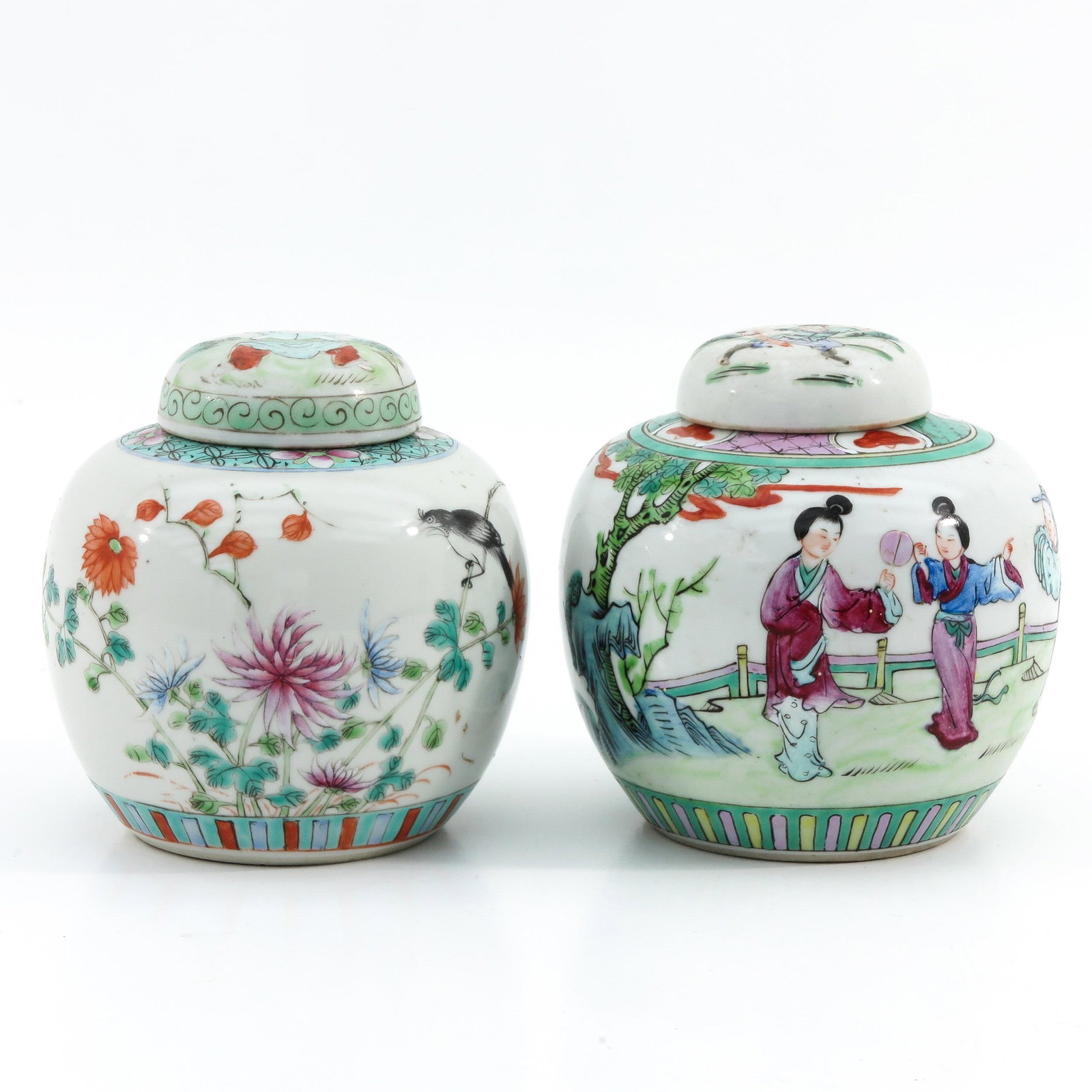 A Pair of Famille Rose Ginger Jars: Floral decor with birds, 14 cm. tall.