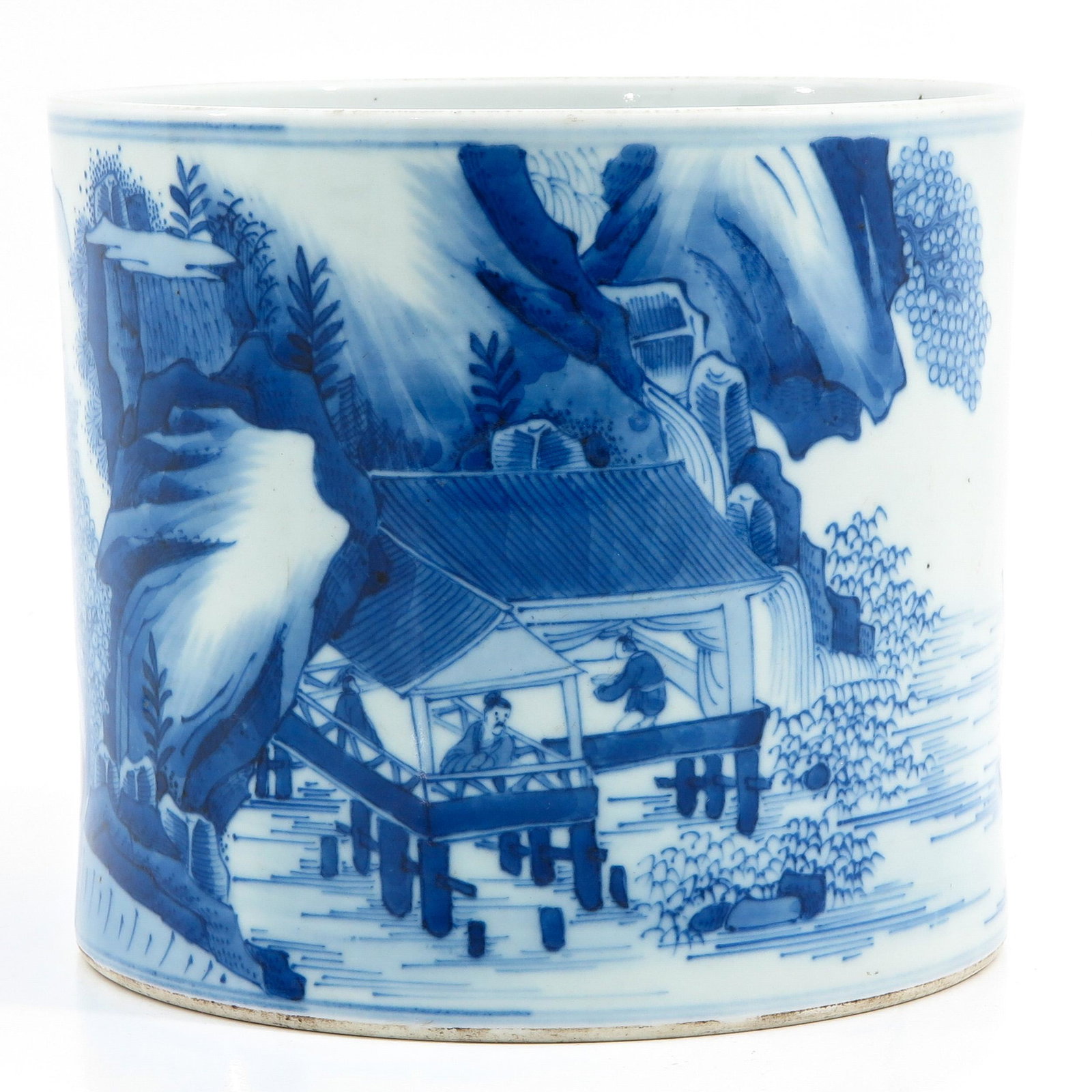 A Blue and White Brush Pot: Landscape decor with Chinese figures, Kagnxi mark, 17 cm. tall.