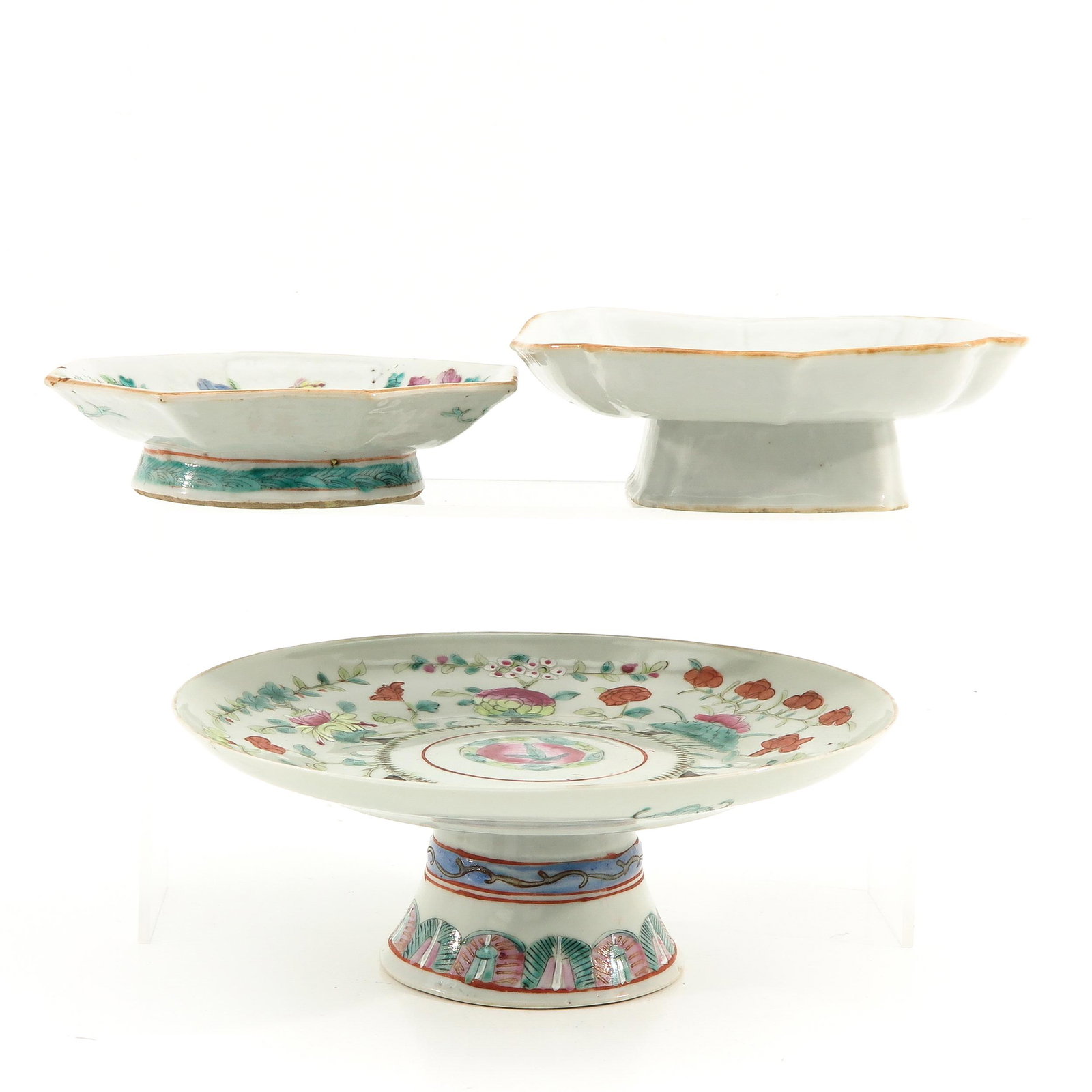 A Lot of 3 Stemmed Trays: Including serving tray and 2 altar trays, serving tray is 23 cm. in diameter.