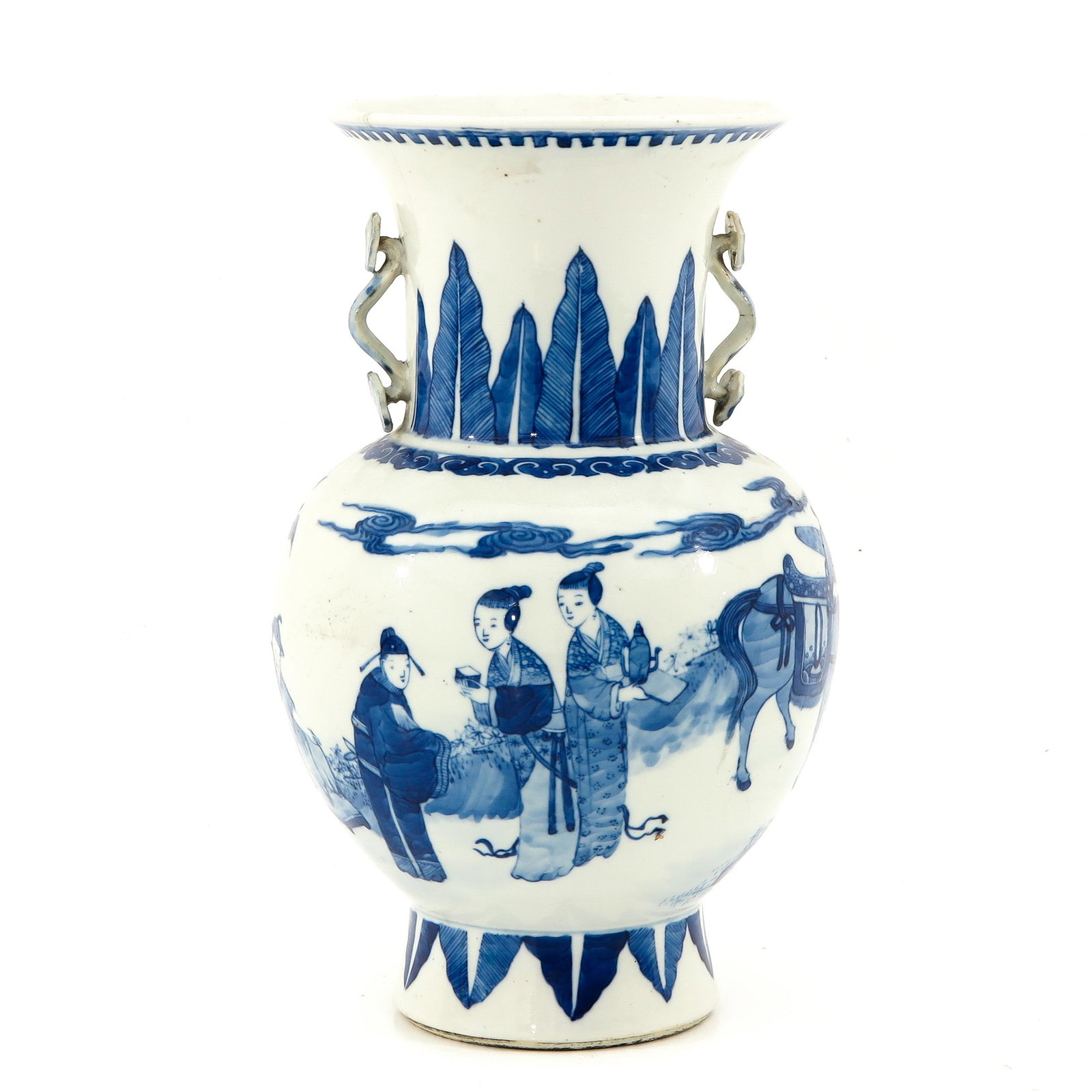 A Blue and White Vase: Depicting unusual scene of Chinese figures in garden, Kangxi mark, 30 cm. tall, restored.