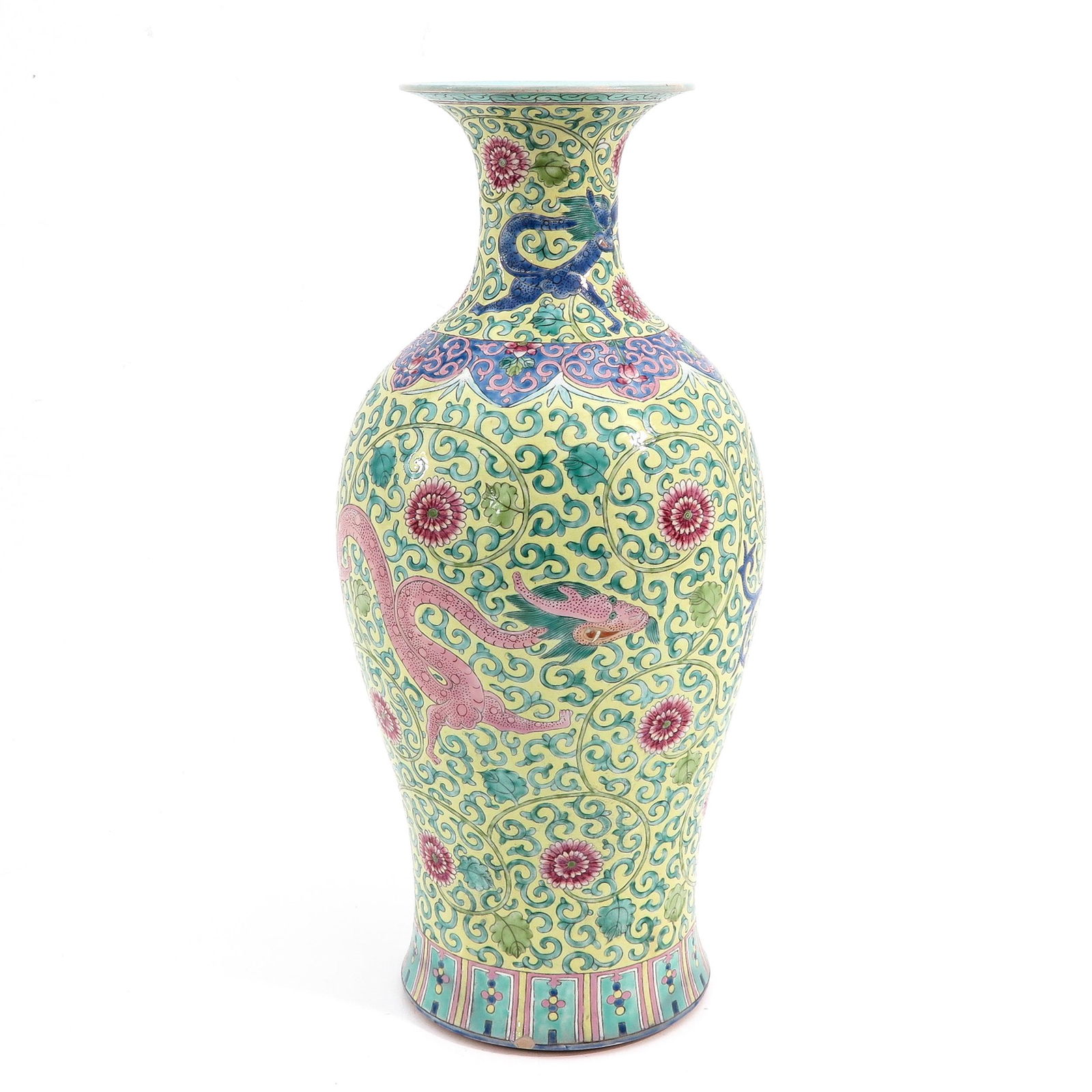 A Famille Rose Vase: Yellow ground with Famille Rose enamels depicting dragons and flowers, 45 cm. tall, chip.