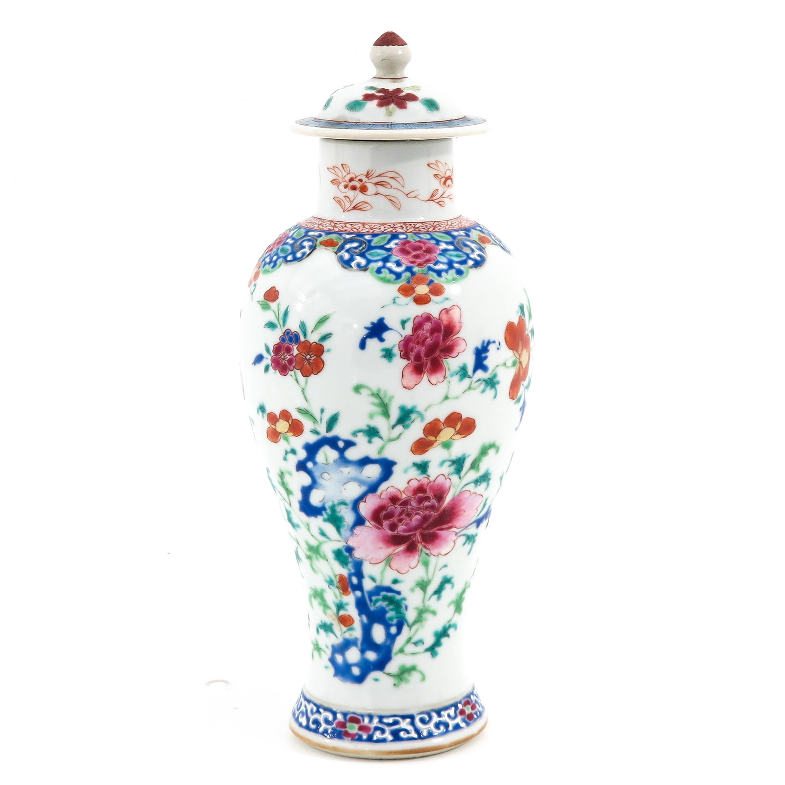 A Famille Rose Garniture Vase: Floral decor, 28 cm. tall, restoration on cover.