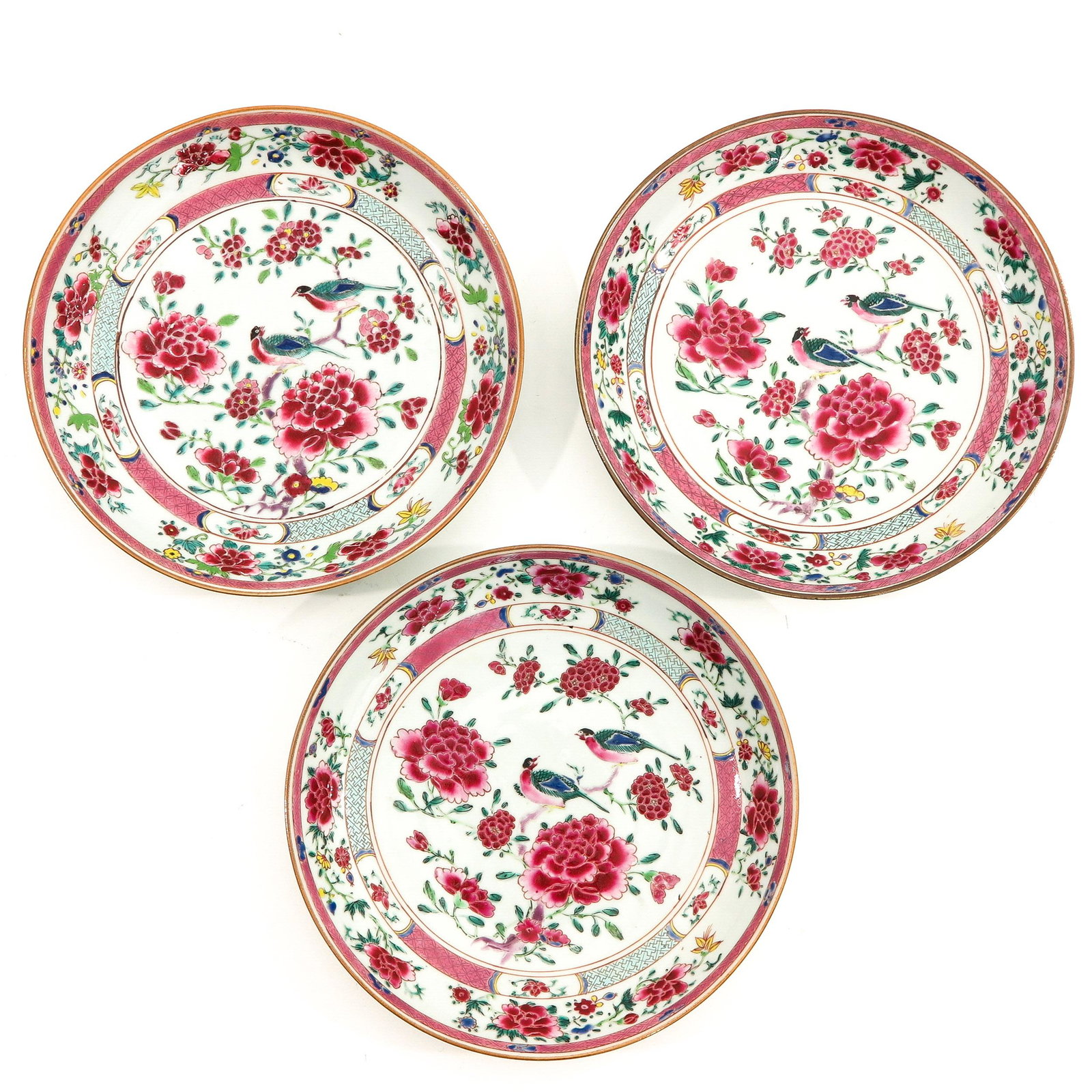A Series of 3 Famille Rose Plates: Decorated with flowers and birds, 18th Century, 24 cm. in diameter.