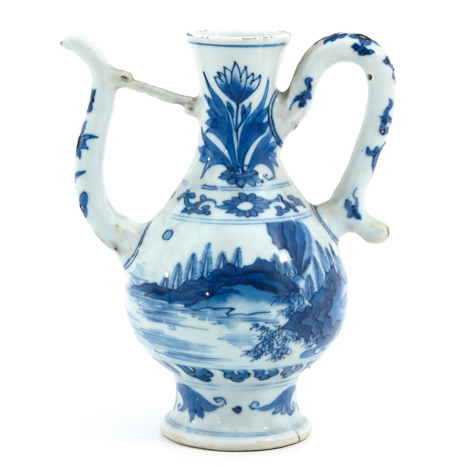 A Blue and White Kendi: Landscape decor with flowers, Transition Period, 18 cm. tall.