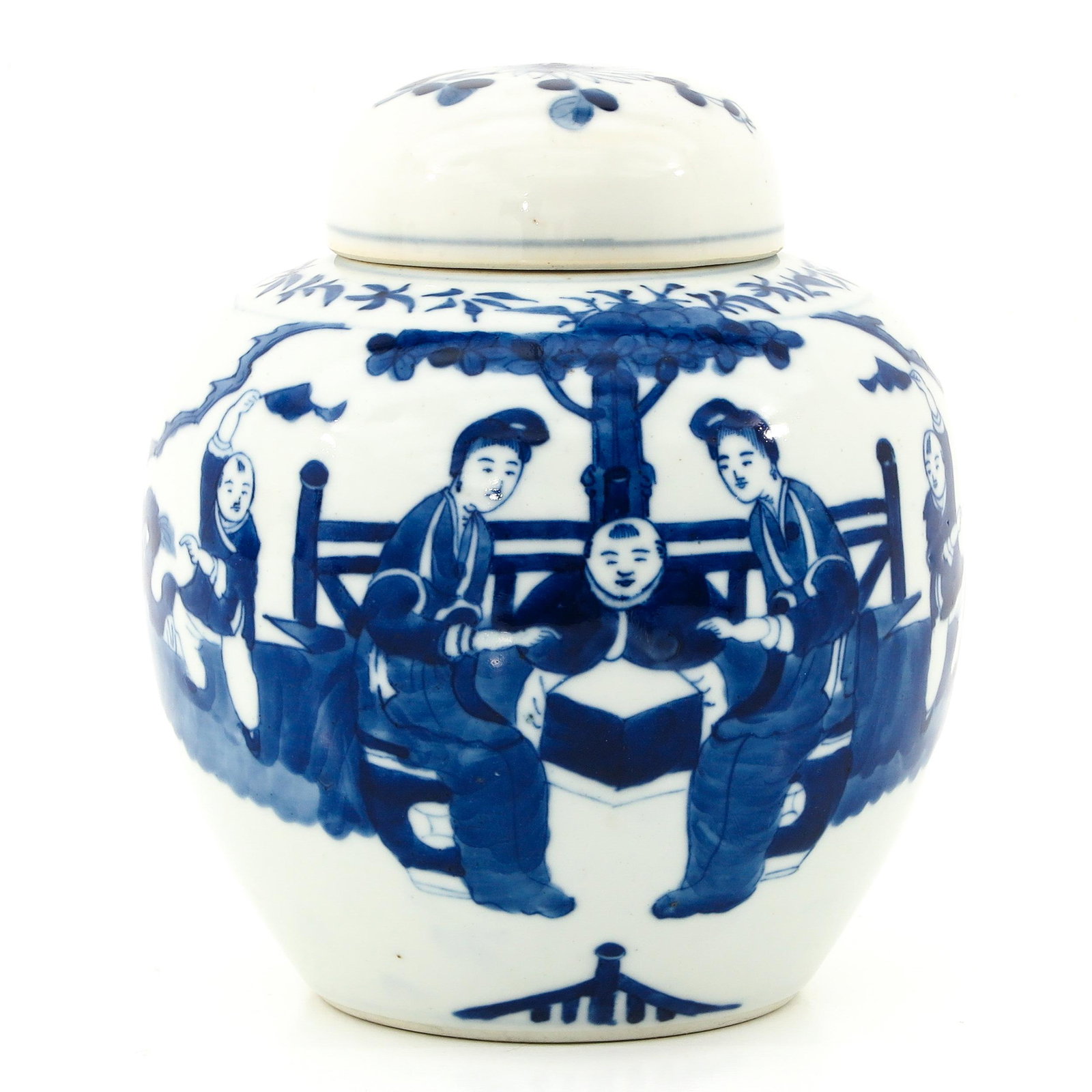A Blue and White Ginger Jar: Depicting gathering of Chinese figures in garden, 19 cm. tall.