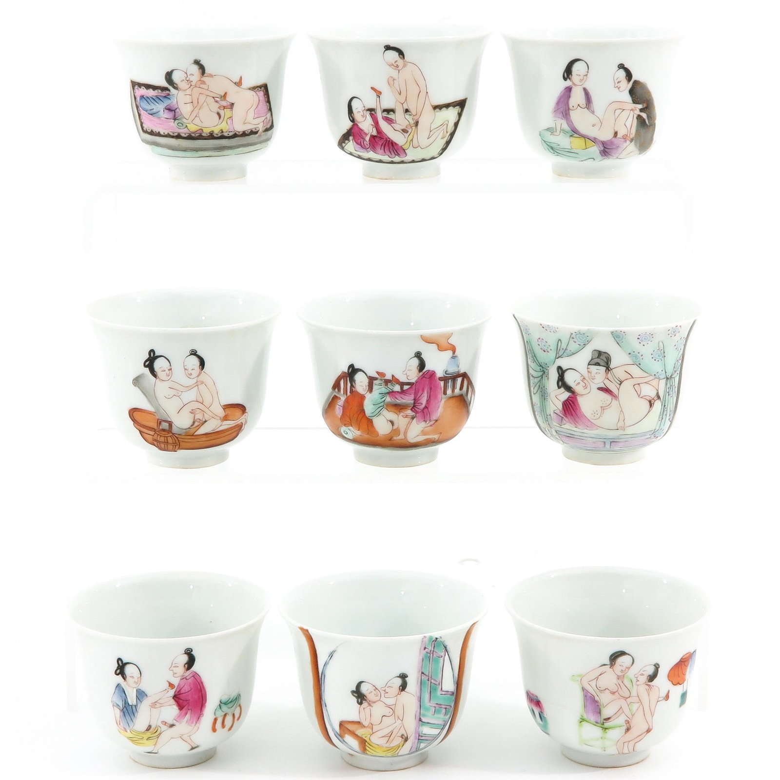 A Series of 9 Famille Rose Cups: Depicting erotic scenes, 7 cm. in diameter, Qianlong mark.