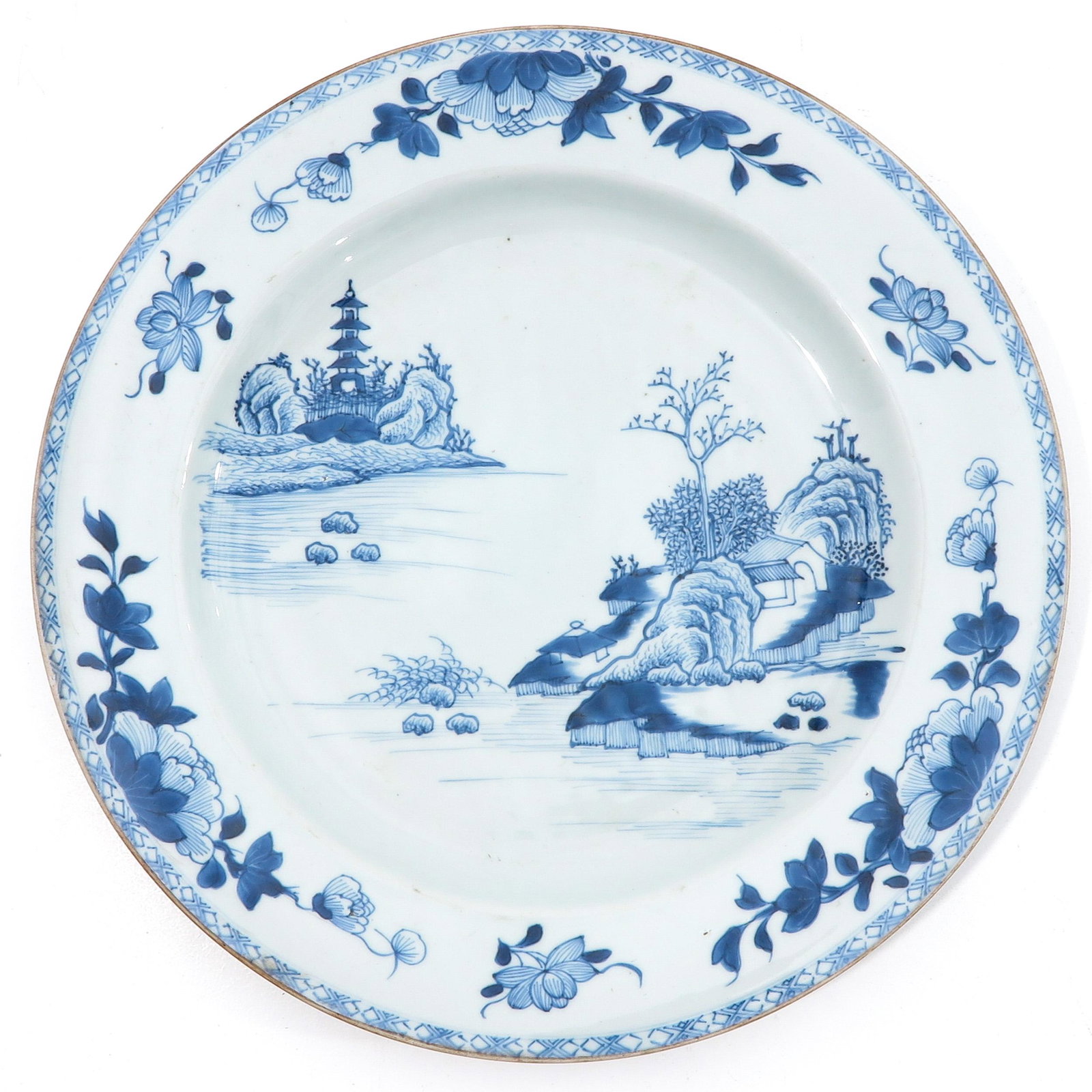 A Blue and White Decor Charger: Depicting landscape with pagodas, 36 cm. in diameter.