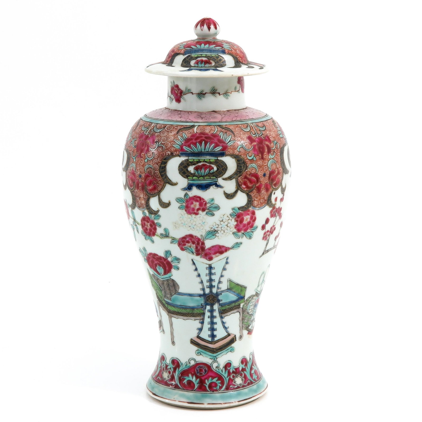 A Famille Rose Vase: Decorated with flowers in vase and bonsai, 29 cm. tall.