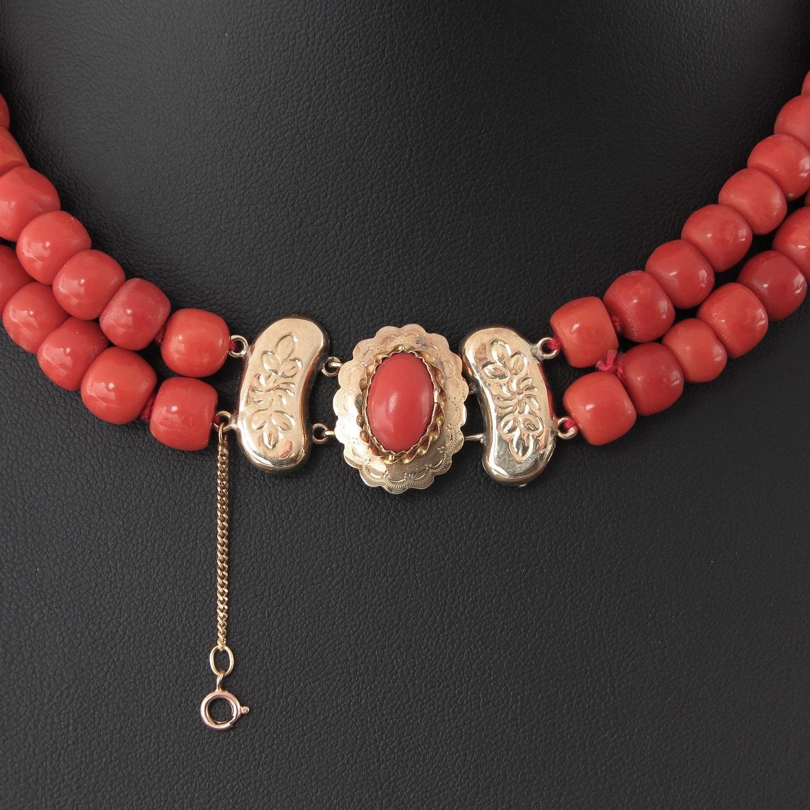 A Double Strand 19th Century Red Coral Necklace: On 14KG clasp, diameter of red coral is 8 - 9 mm., 95 gram.