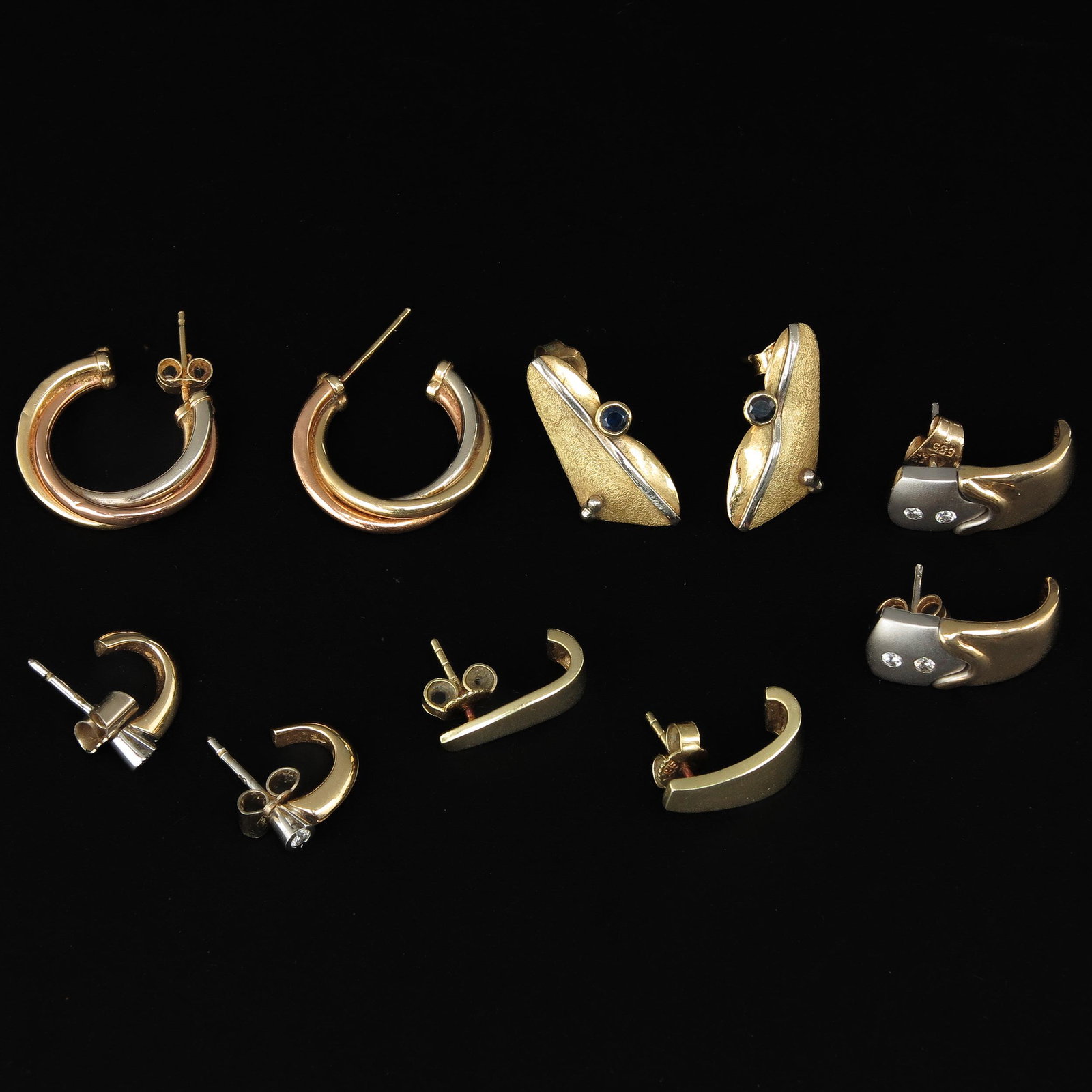 A Collection of 14KG Earrings: 5 pair of earrings, including set with dimaonds.