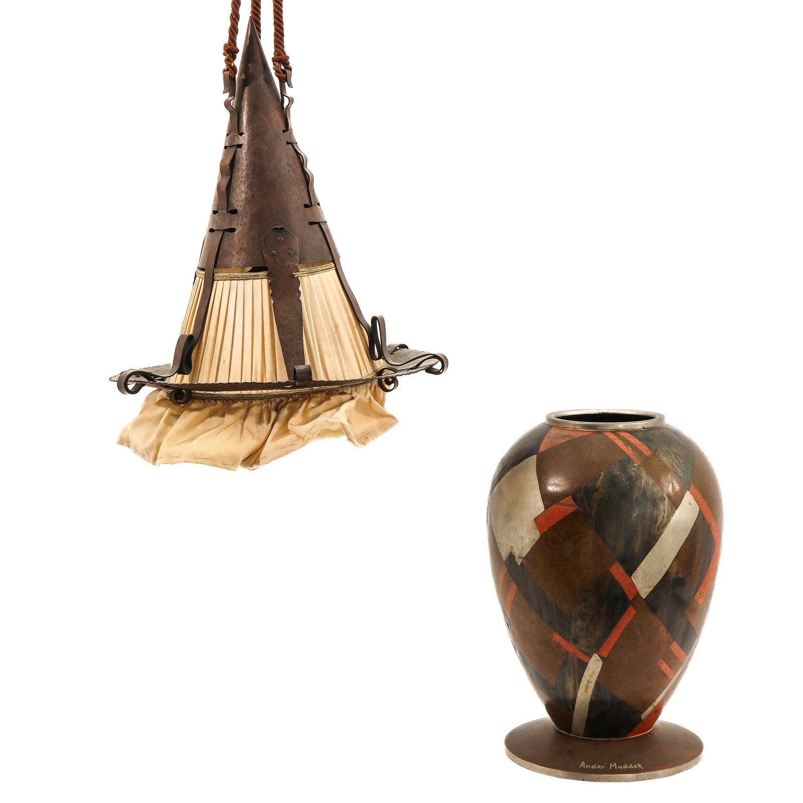 A Signed Vase and Hanging Lamp: Including brass vase signed Andre Madder 31 cm. tall and Amsterdam School hanging lamp.