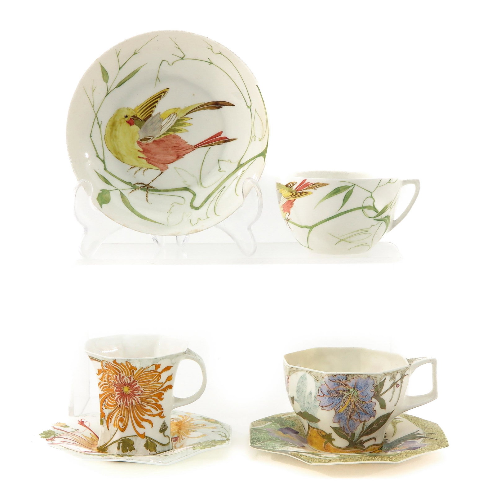 A Collection of 3 Rozenburg Den Haag Cups and Saucers: Saucer is 12 cm. in diameter, with restorations.