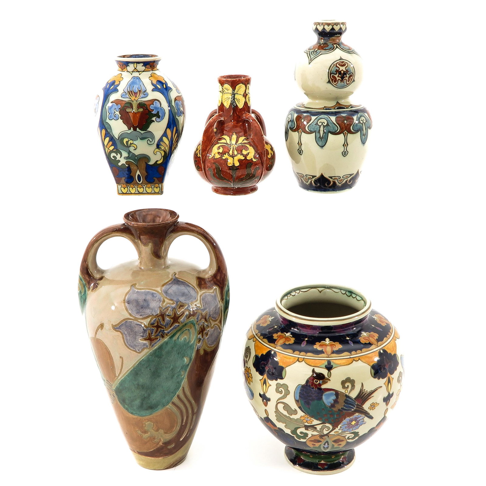 A Collection of Pottery: 5 pieces, including Rozenburg Den Haag, tallest is 25 cm.