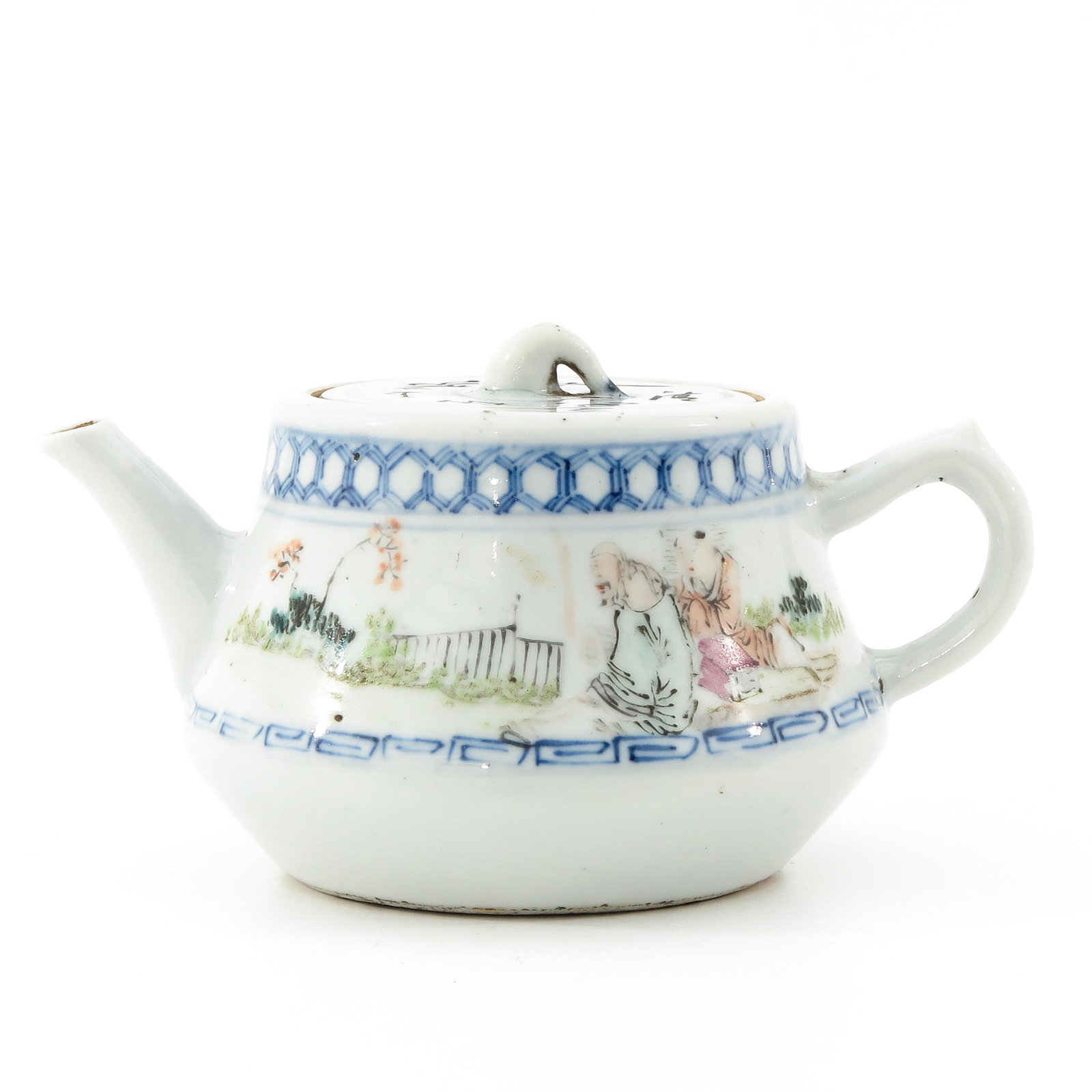 A Qianjiang Cai Decor Teapot: Depicting Chinese figures in garden, 9 cm. tall.