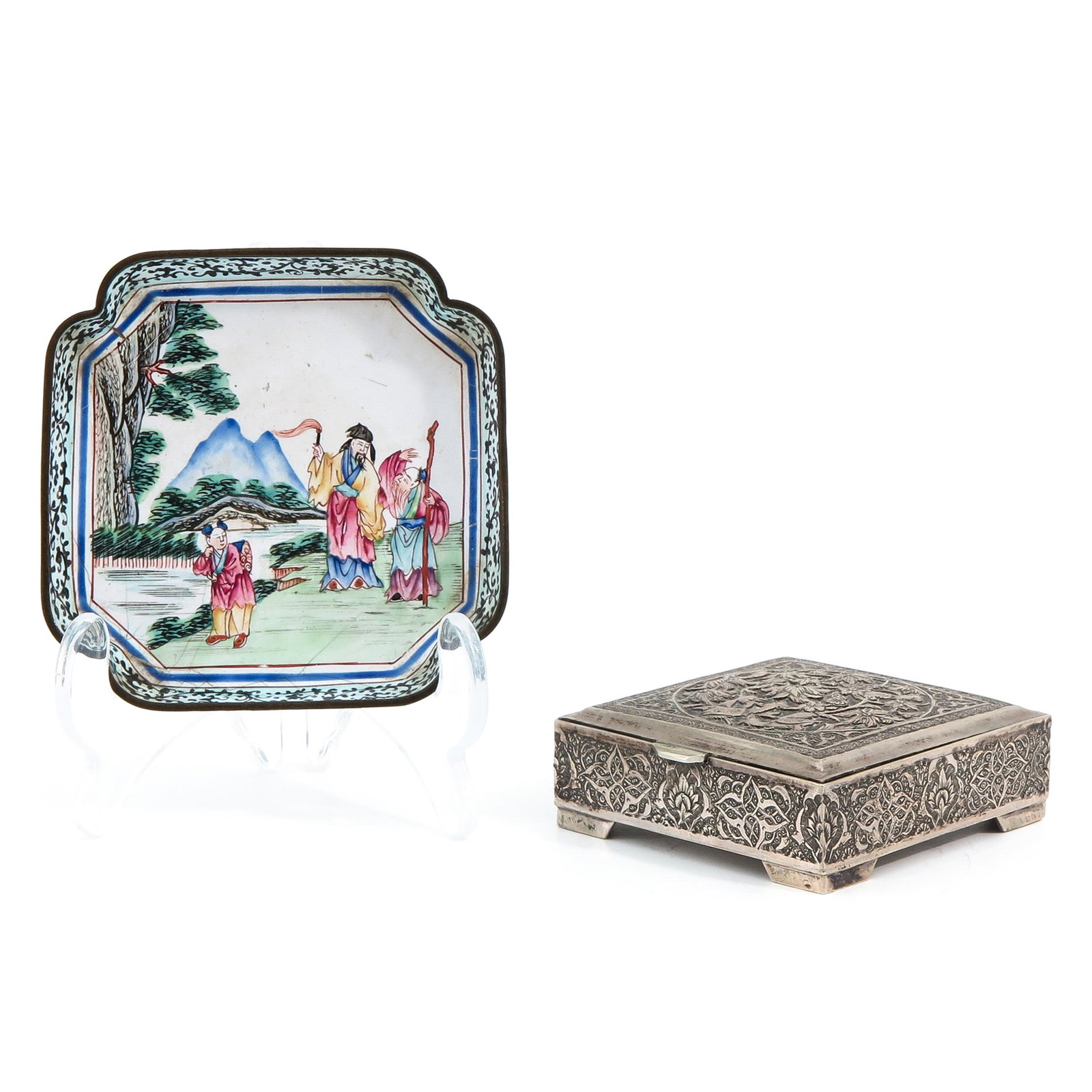 An Enamel Tray and Silver Box: Tray measures 9 x 9 cm and box measures 7 x 7 x 2 cm.