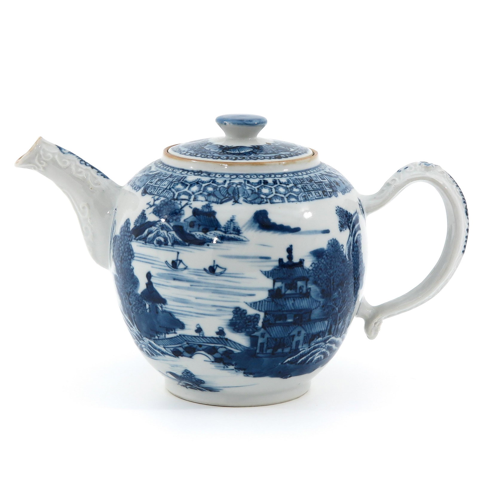 A Blue and White Teapot: Landscape decor, 13 cm. tall.